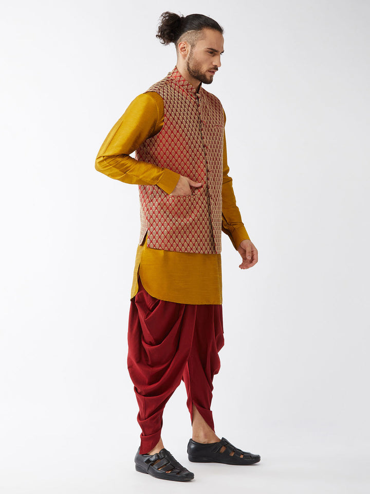 VM By VASTRAMAY Men's Maroon Banarasi Jacket With Mustard Silk Kurta and Dhoti Set - Front view of maroon Banarasi jacket with mustard silk kurta and dhoti set on a mannequin