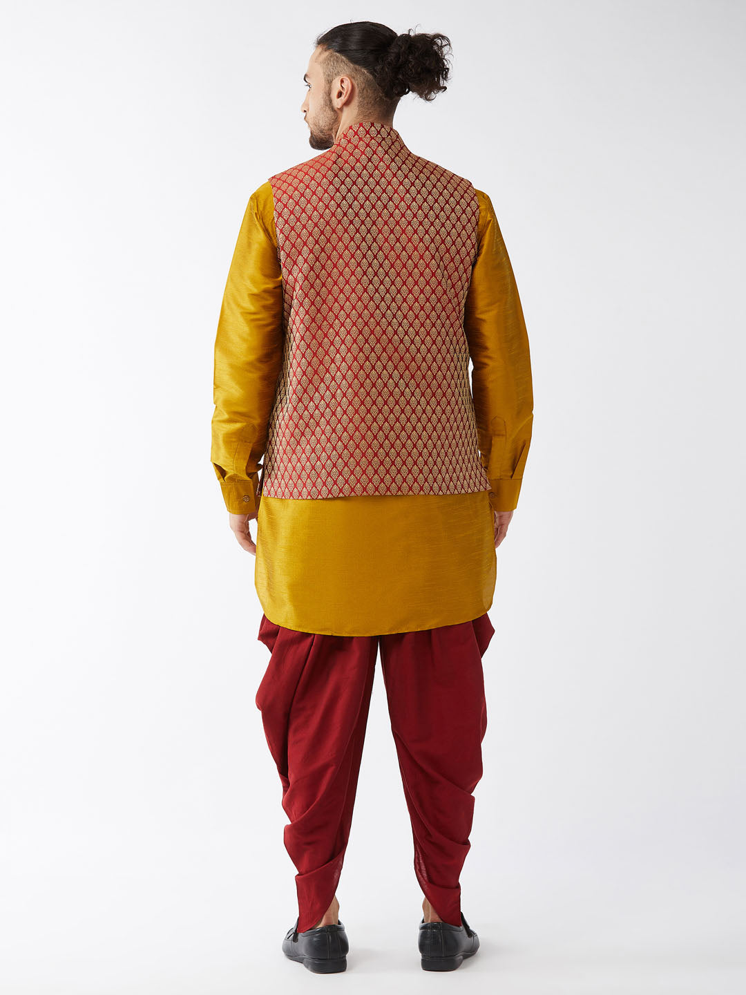 VM By VASTRAMAY Men's Maroon Banarasi Jacket With Mustard Silk Kurta and Dhoti Set - Traditional Indian outfit with maroon jacket, mustard kurta, and dhoti