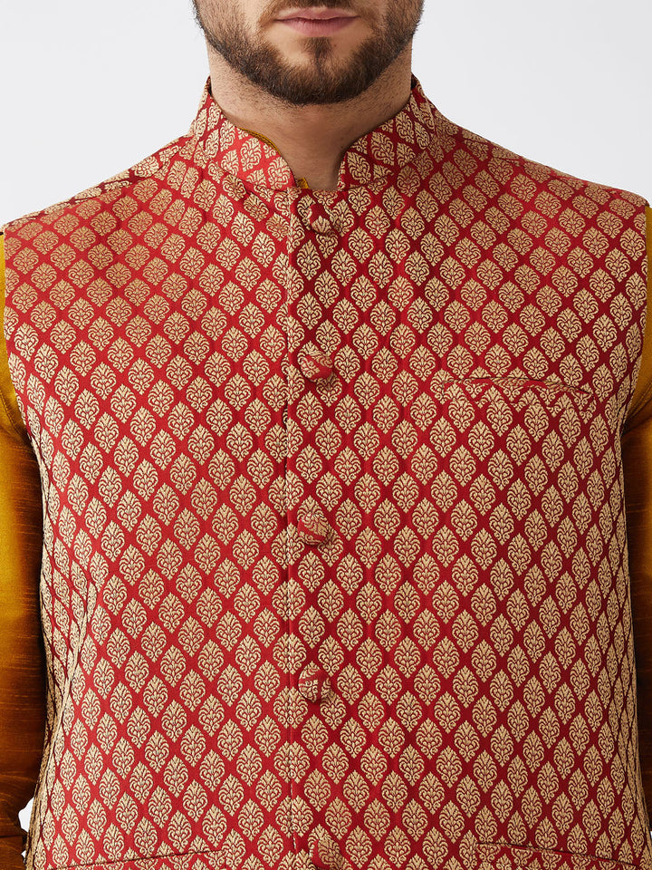  VM By VASTRAMAY Men's Maroon Banarasi Jacket With Mustard Silk Kurta and Dhoti Set - Close-up of intricate Banarasi jacket detailing