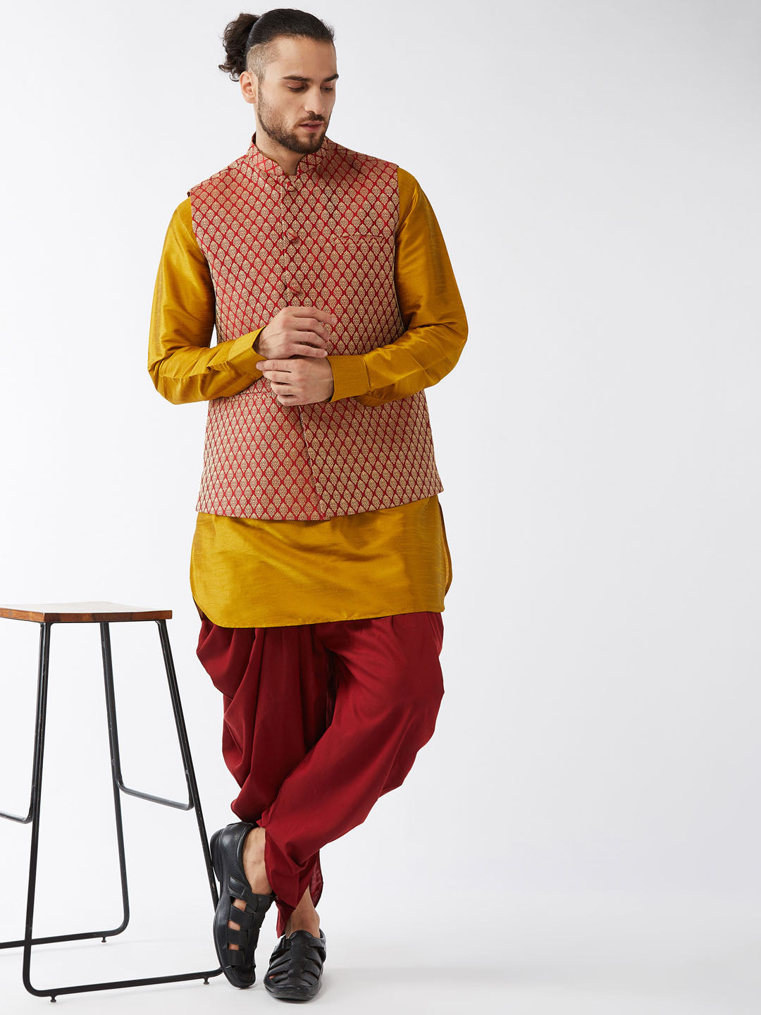 VM By VASTRAMAY Men's Maroon Banarasi Jacket With Mustard Silk Kurta and Dhoti Set - Traditional Indian ethnic wear for men in rich maroon and mustard colors