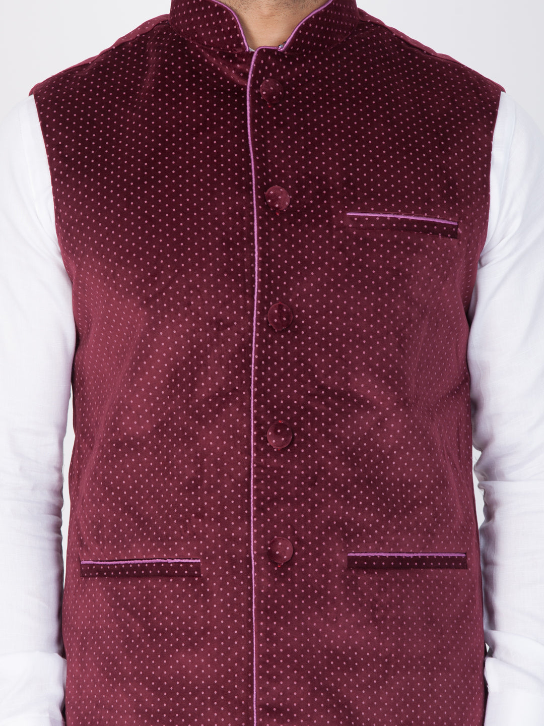 VASTRAMAY Men's Maroon Velvet Ethnic Jacket