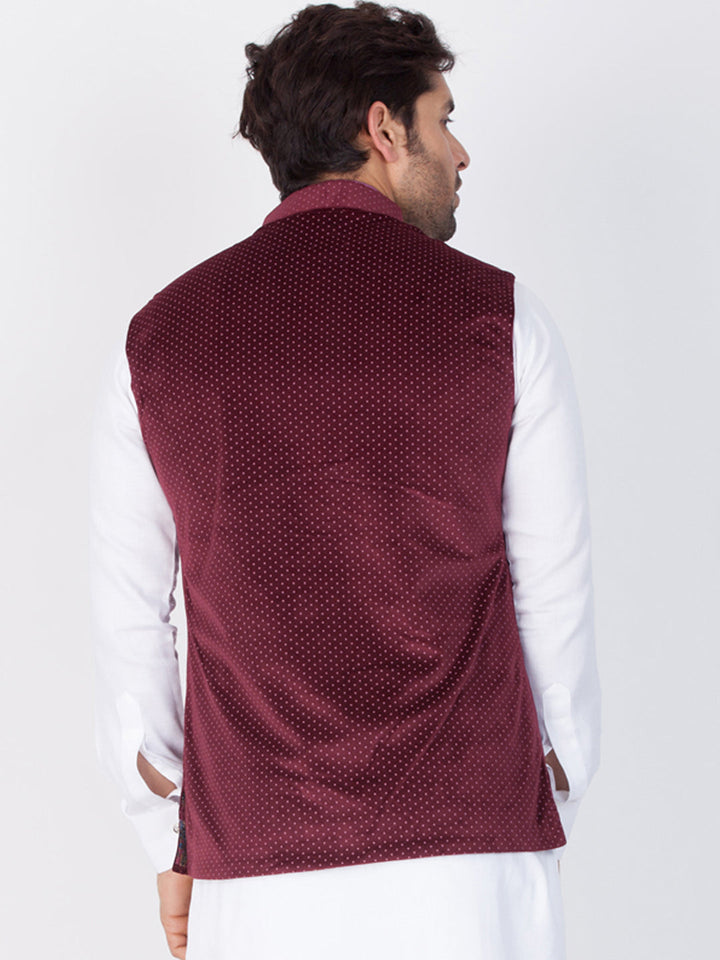 VASTRAMAY Men's Maroon Velvet Ethnic Jacket