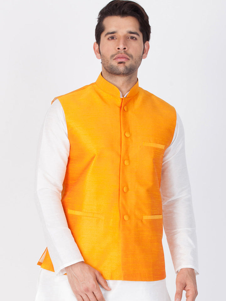 VASTRAMAY Men's Orange Cotton Silk Blend Ethnic Jacket