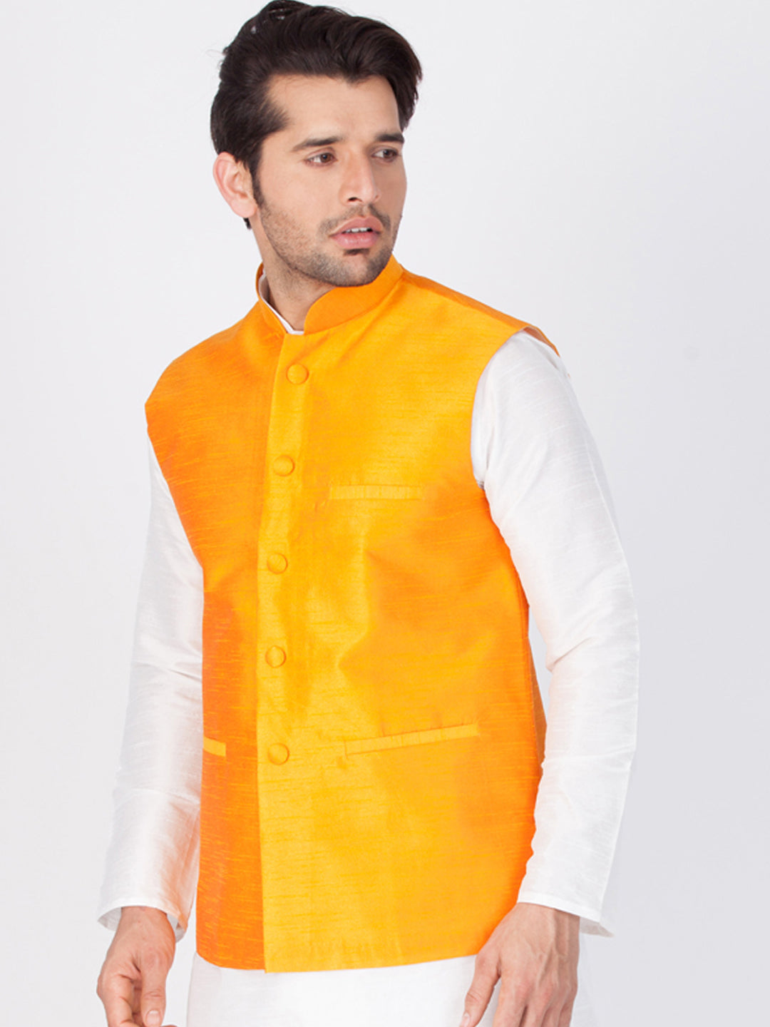 VASTRAMAY Men's Orange Cotton Silk Blend Ethnic Jacket