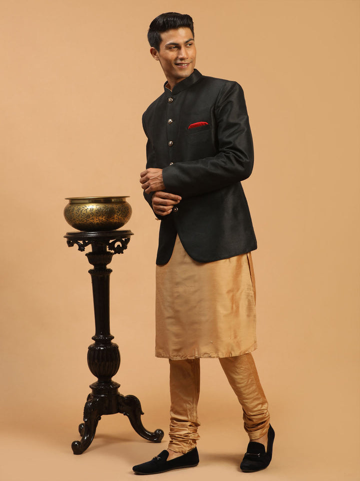 VASTRAMAY  Men's Black Silk Blend Jodhpuri With Rose Gold Viscose Kurta Pyjama Set