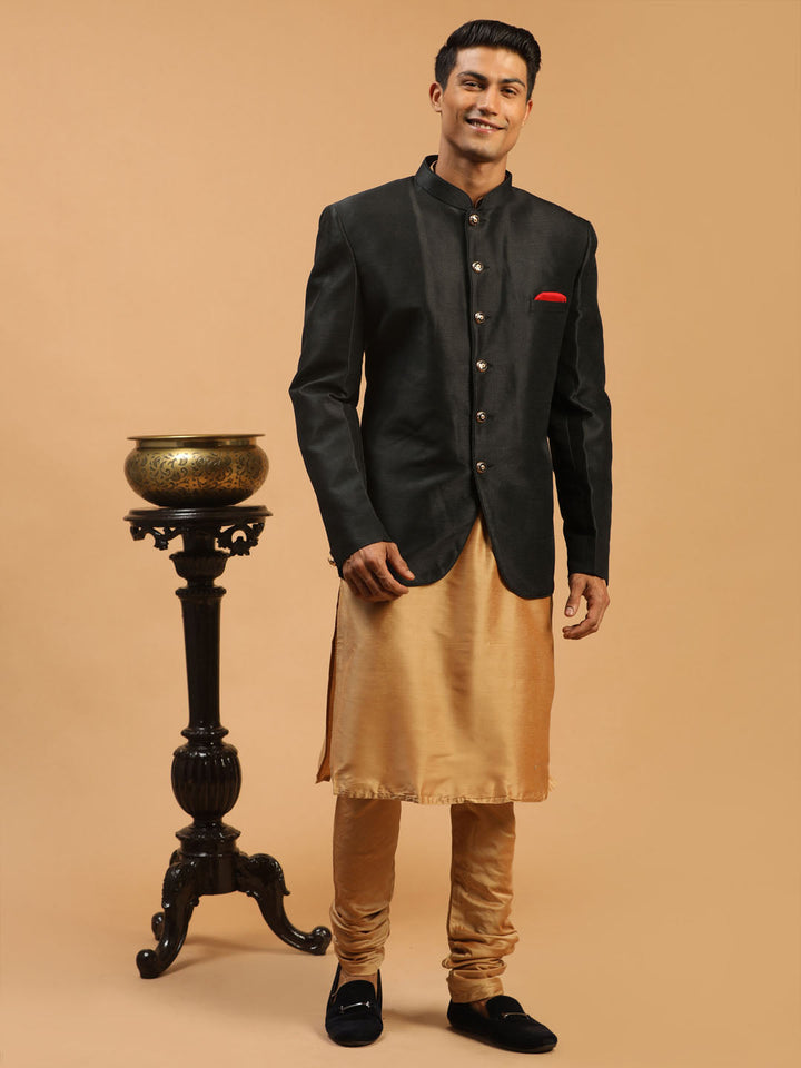 VASTRAMAY  Men's Black Silk Blend Jodhpuri With Rose Gold Viscose Kurta Pyjama Set