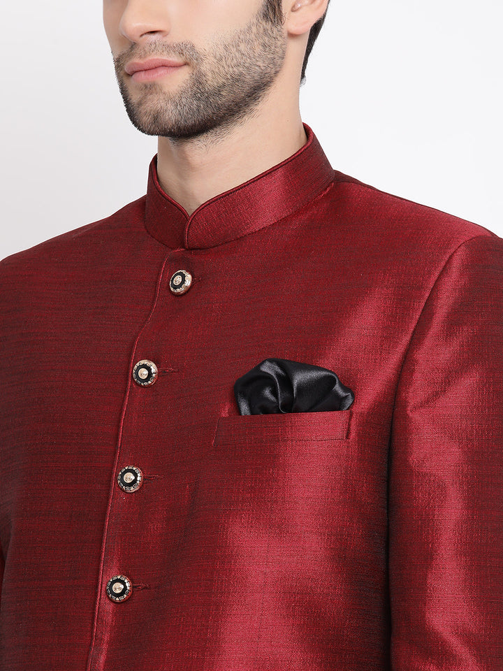 VASTRAMAY Maroon Silk Blend Jodhpuri Baap Beta Set