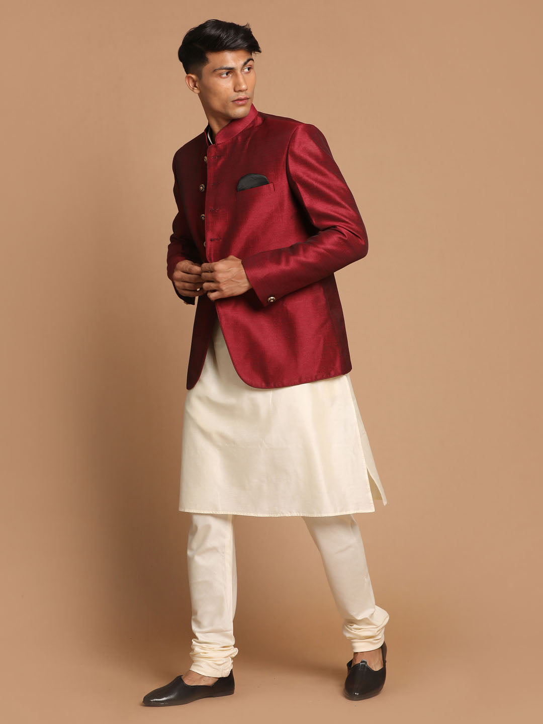 VASTRAMAY Men's Maroon Silk Blend Jodhpuri With Cream Viscose Rayon Kurta Pyjama Set