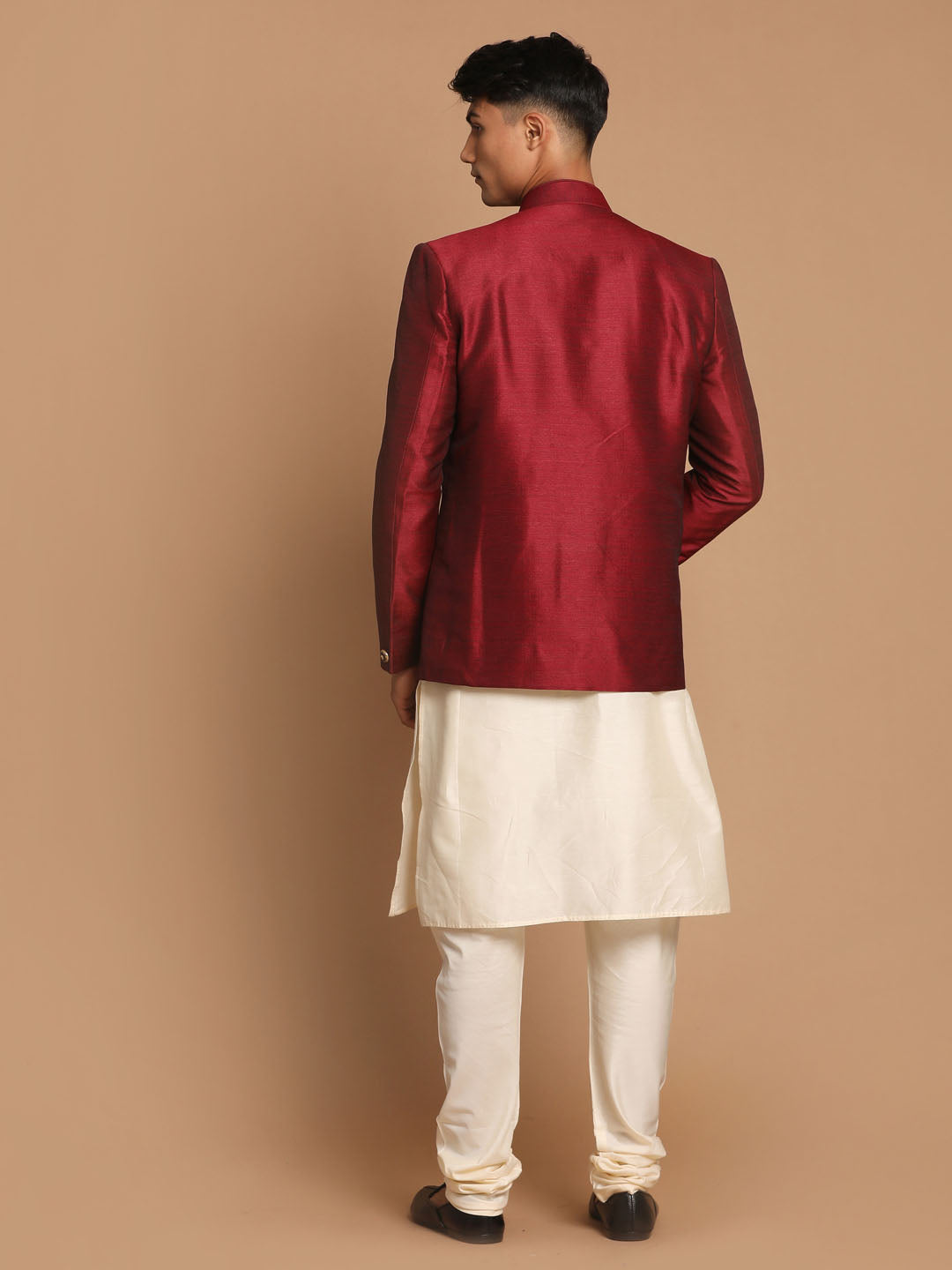 VASTRAMAY Men's Maroon Silk Blend Jodhpuri With Cream Viscose Rayon Kurta Pyjama Set