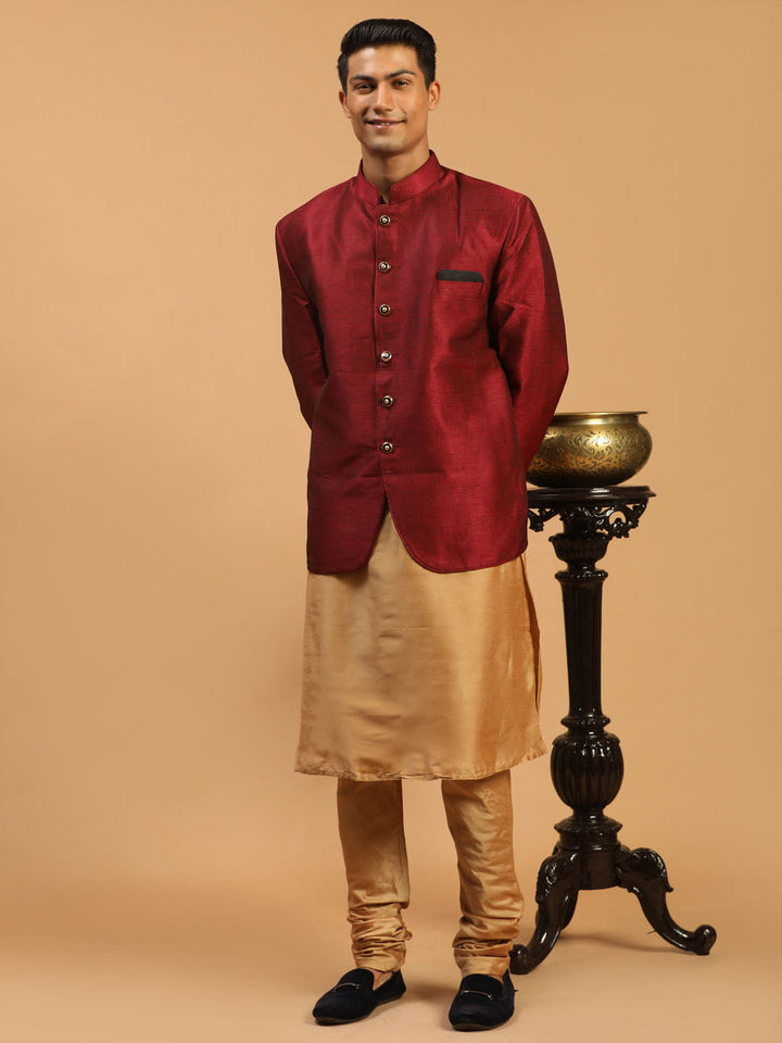 VASTRAMAY Men's Maroon Silk Blend Jodhpuri With Rose Gold Viscose Kurta Pyjama Set