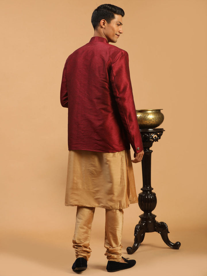 VASTRAMAY Men's Maroon Silk Blend Jodhpuri With Rose Gold Viscose Kurta Pyjama Set