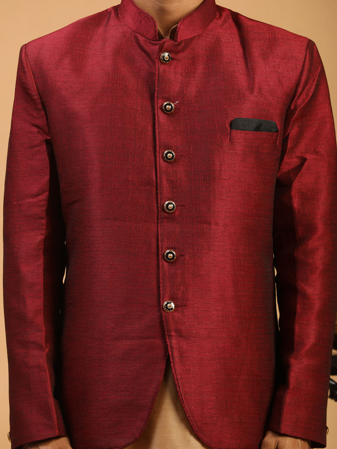 VASTRAMAY Men's Maroon Silk Blend Jodhpuri With Rose Gold Viscose Kurta Pyjama Set