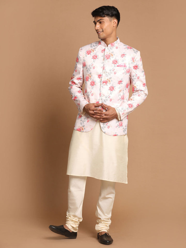 VASTRAMAY Men's Peach Floral Print Jodhpuri With Cream Solid Kurta And Pyjama Set.