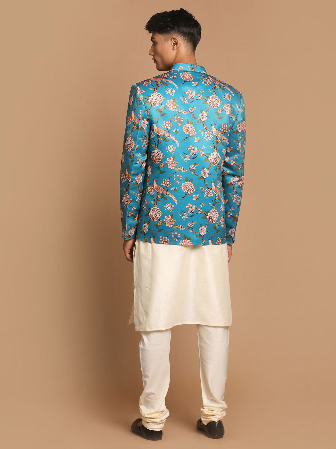 VASTRAMAY Baap Beta Turquoise Floral Print Jodhpuri With Cream Solid Kurta And Pyjama Set.