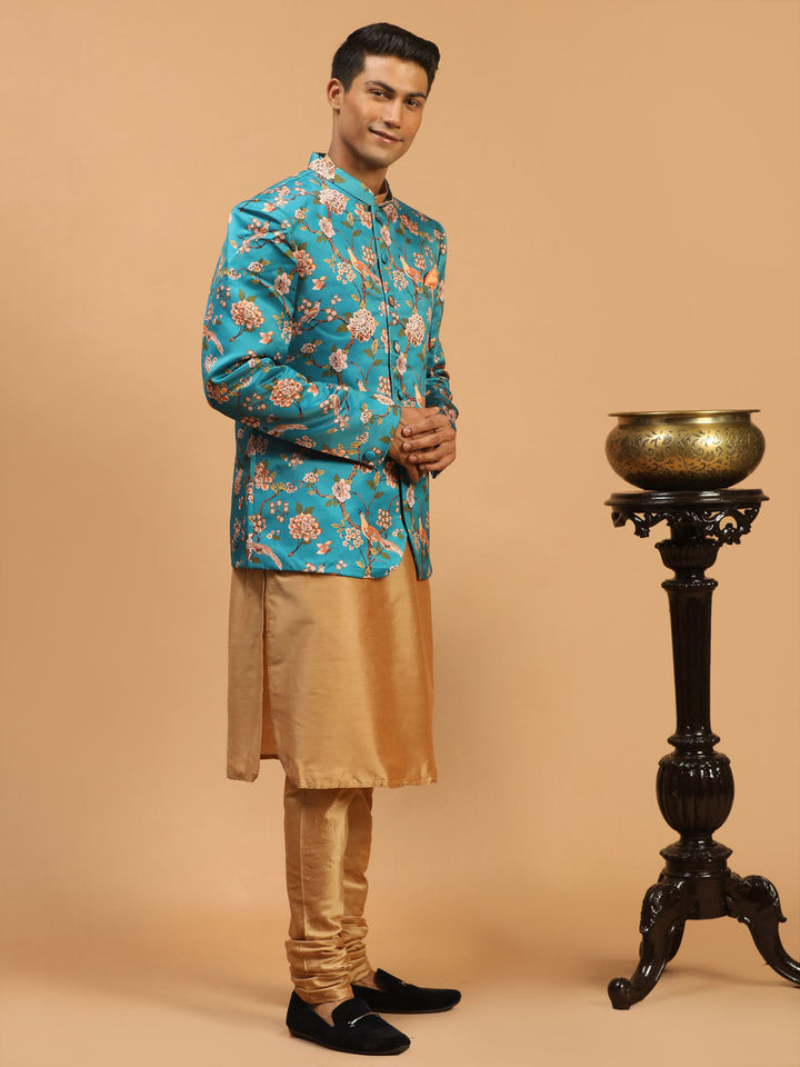 VASTRAMAY Men's Turquoise Silk Blend Jodhpuri With Rose Gold Viscose Kurta Pyjama Set