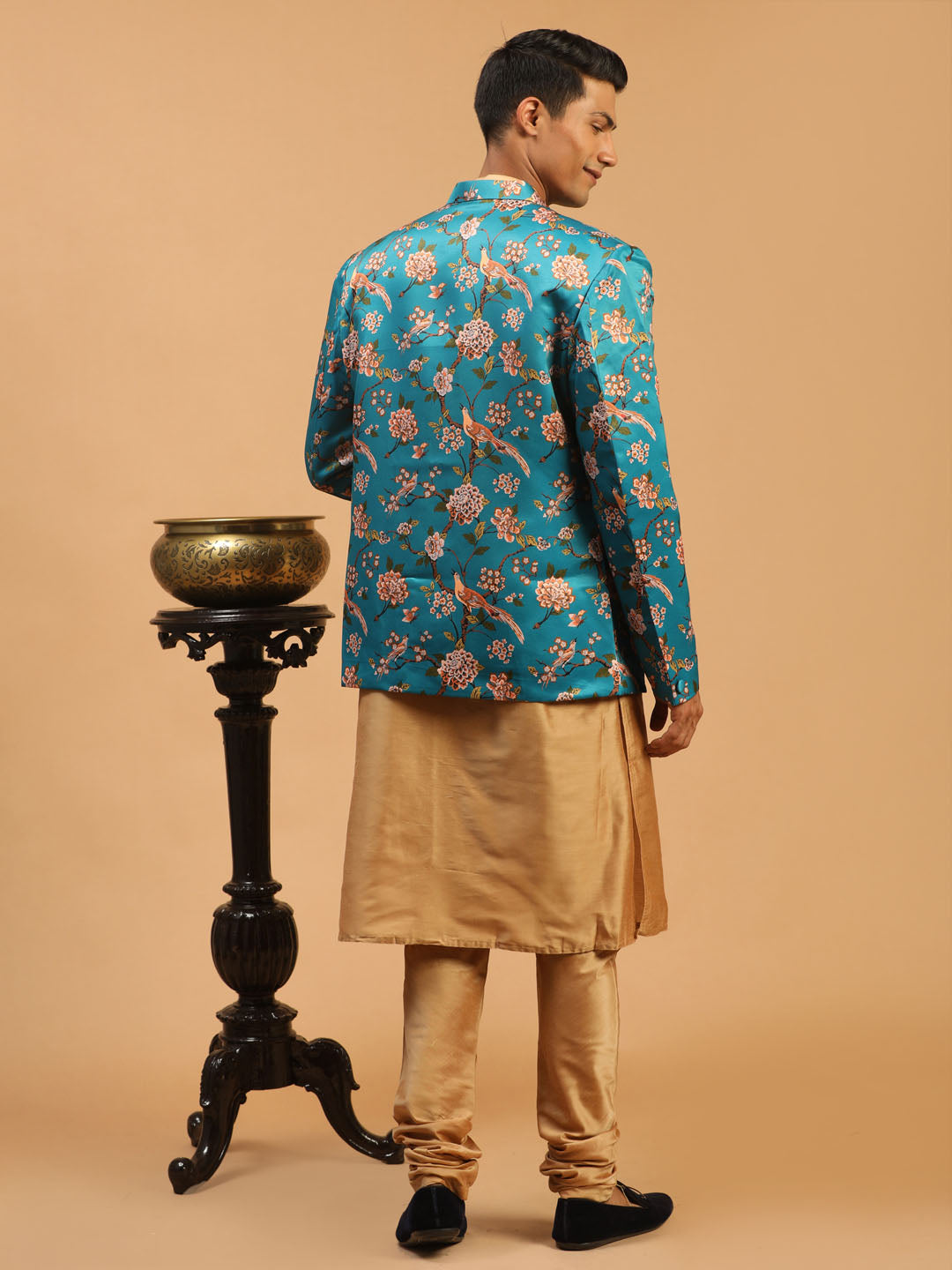 VASTRAMAY Men's Turquoise Silk Blend Jodhpuri With Rose Gold Viscose Kurta Pyjama Set