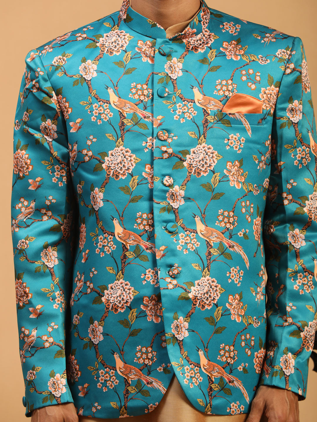 VASTRAMAY Men's Turquoise Silk Blend Jodhpuri With Rose Gold Viscose Kurta Pyjama Set