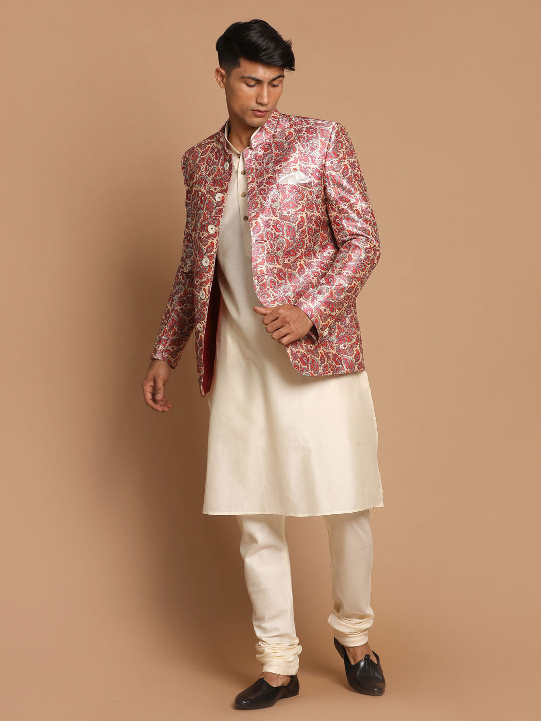 VASTRAMAY Men's Pink Silk Blend Lavanya Print Jodhpuri With Cream Viscose Rayon Kurta Pyjama Set