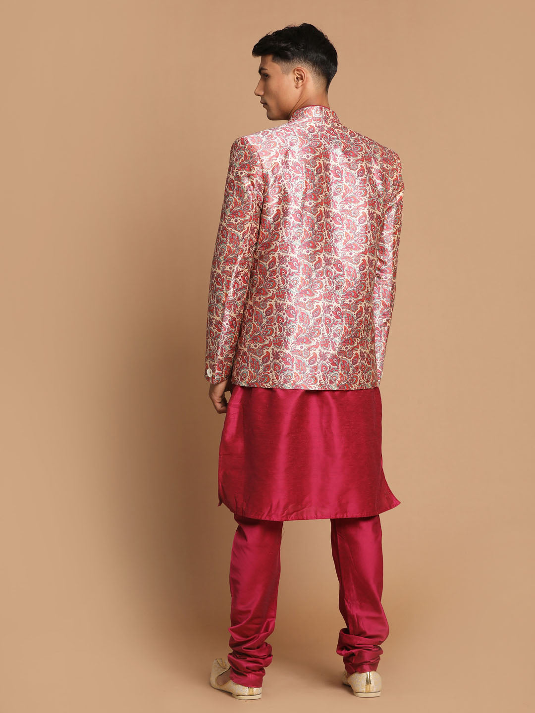 VASTRAMAY Men's Pink Silk Blend Lavanya Print Jodhpuri With Solid Viscose Kurta Pyjama Set