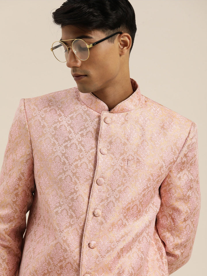  Two-piece VASTRAMAY Pink Banarasi Brocade Jodhpuri Bapp Beta Set for a sophisticated and stylish look