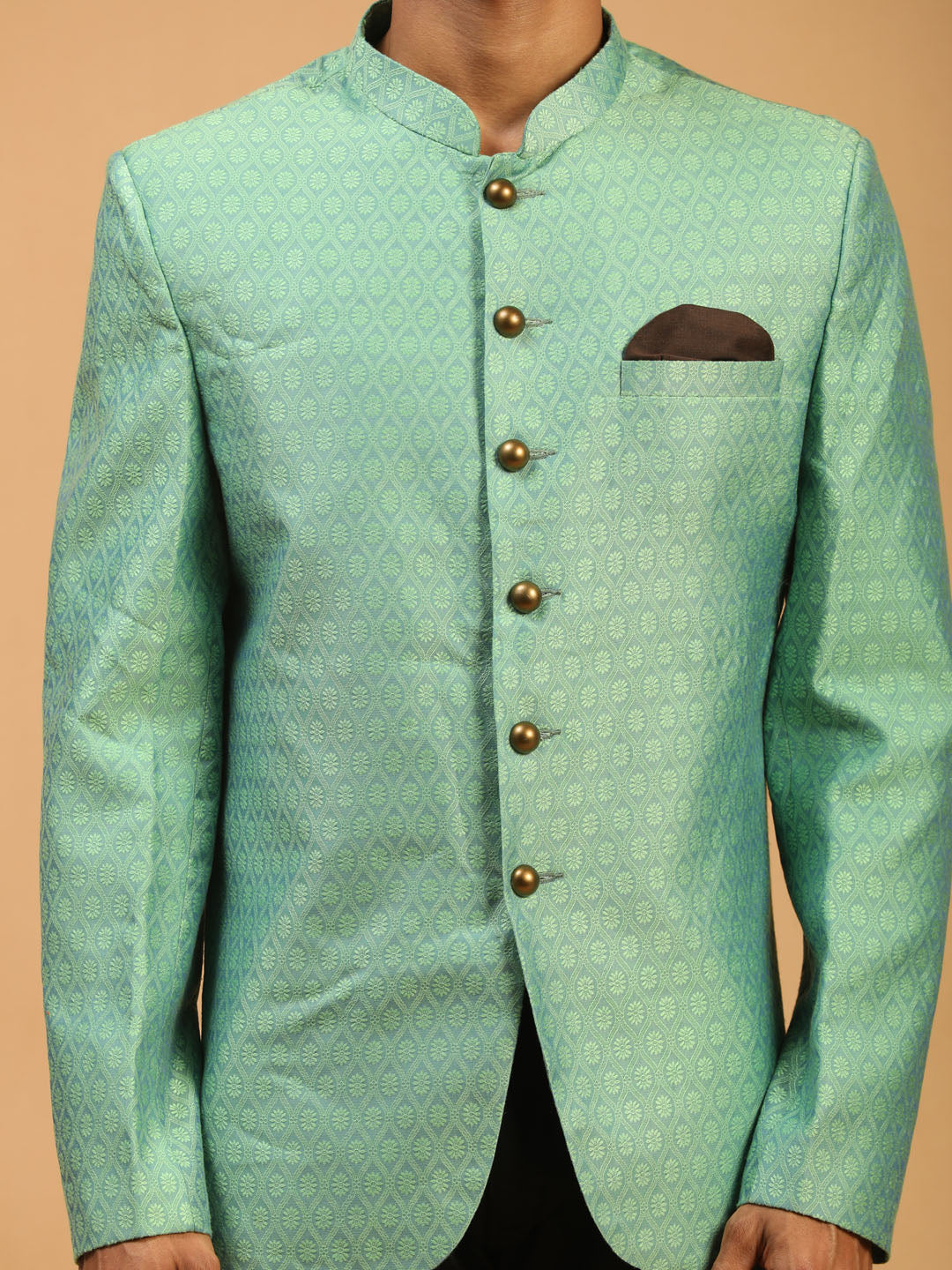 VASTRAMAY Men's Green Silk Blend Woven Jodhpuri