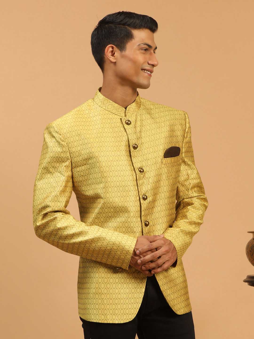 Men's Yellow Silk Blend Woven Jodhpuri
