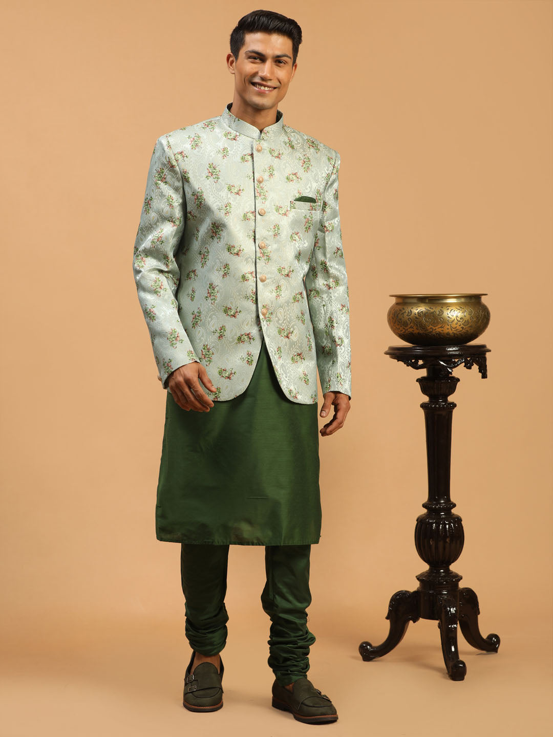 VASTRAMAY Men's Green Woven Design Jodhpuri And Green Kurta Pyjama Set