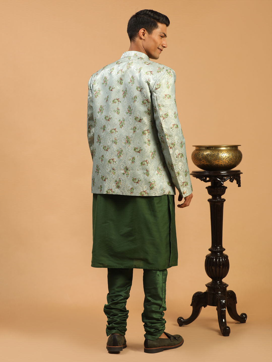 VASTRAMAY Men's Green Woven Design Jodhpuri And Green Kurta Pyjama Set