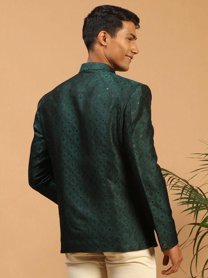 VASTRAMAY Men's Green Silk Blend Jaccard Jodhpuri