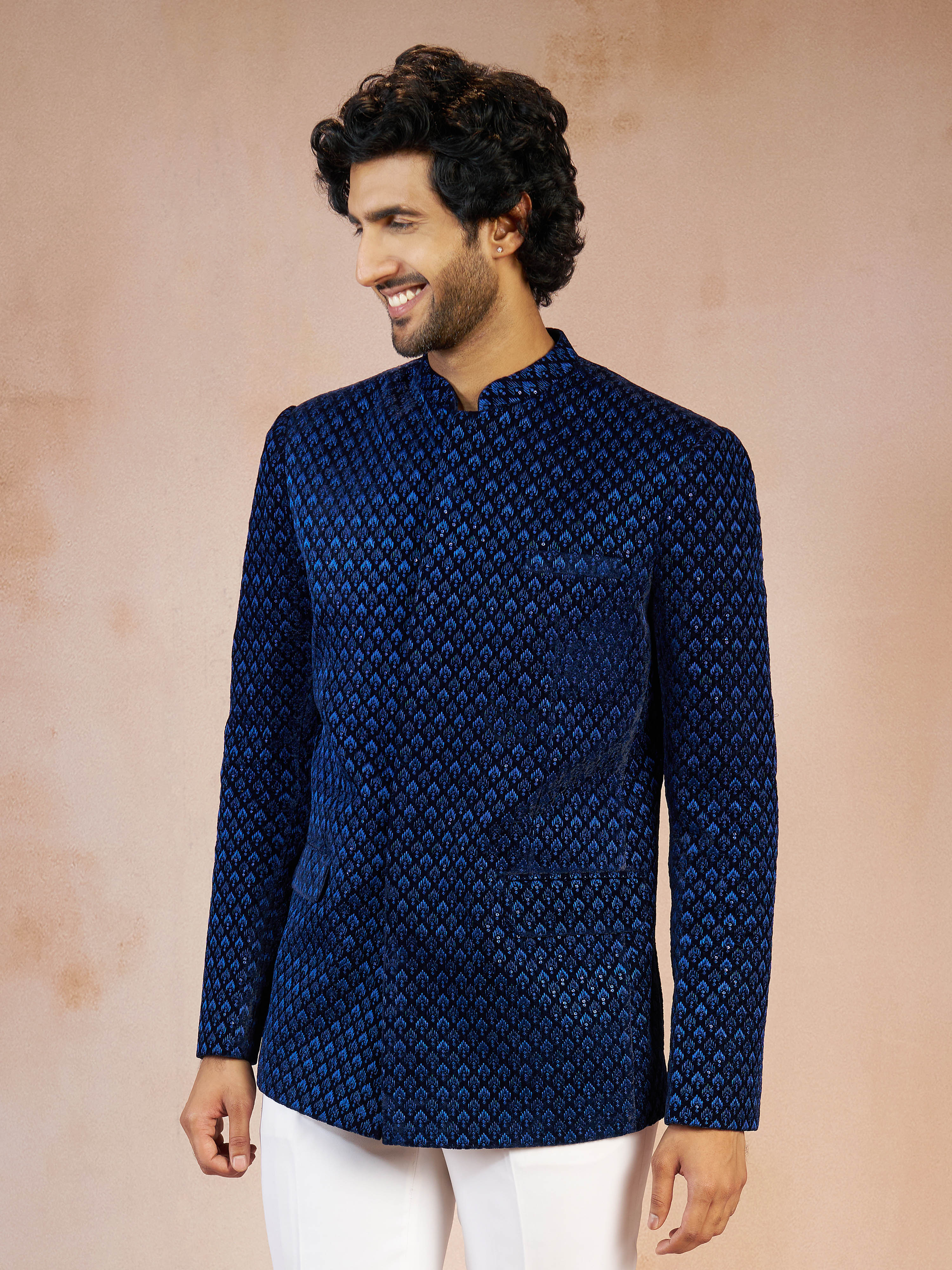 Men's Blue Velvet Thread Embroidered Ethnic Motif Jodhpuri