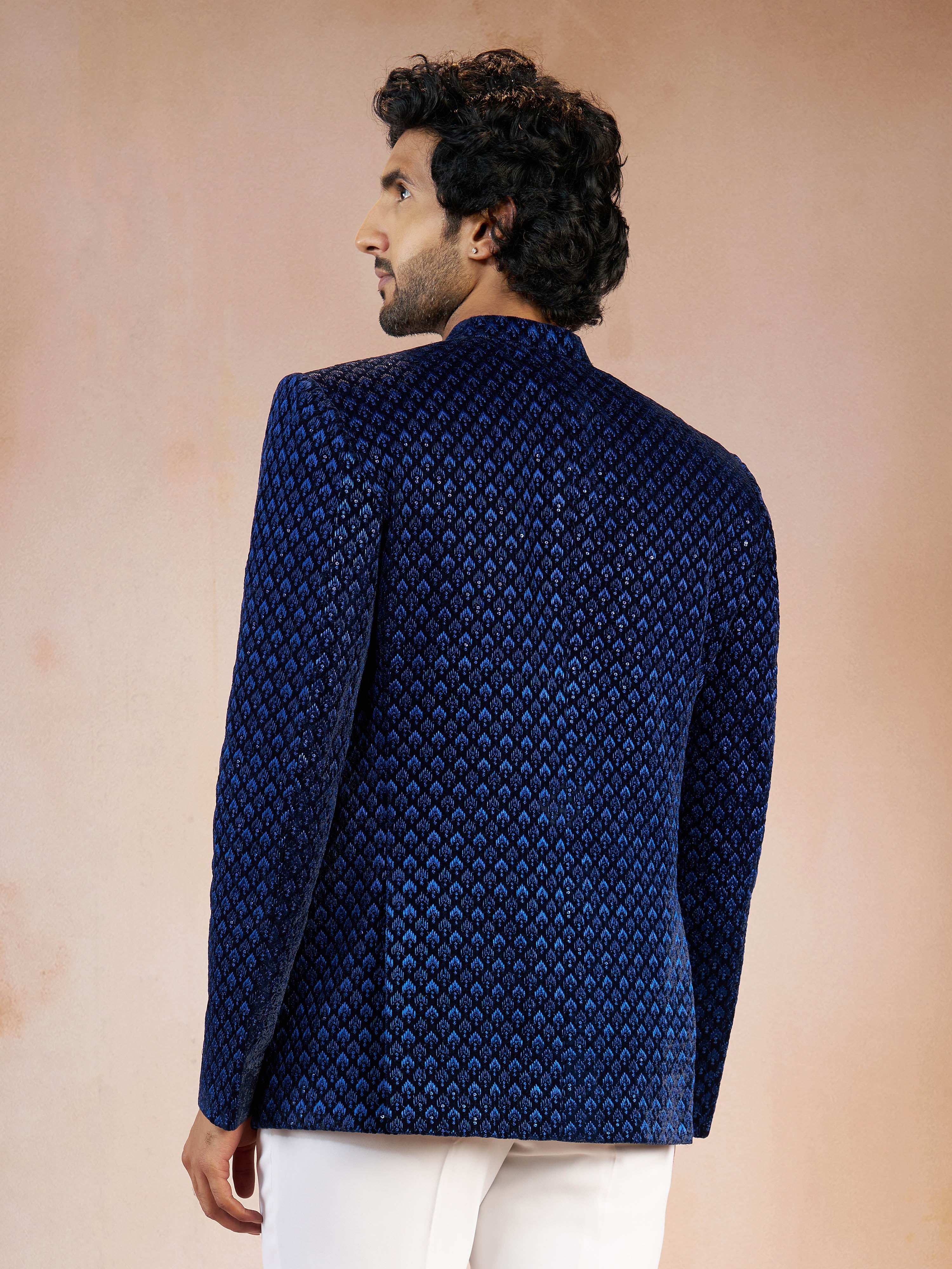 Men's Blue Velvet Thread Embroidered Ethnic Motif Jodhpuri