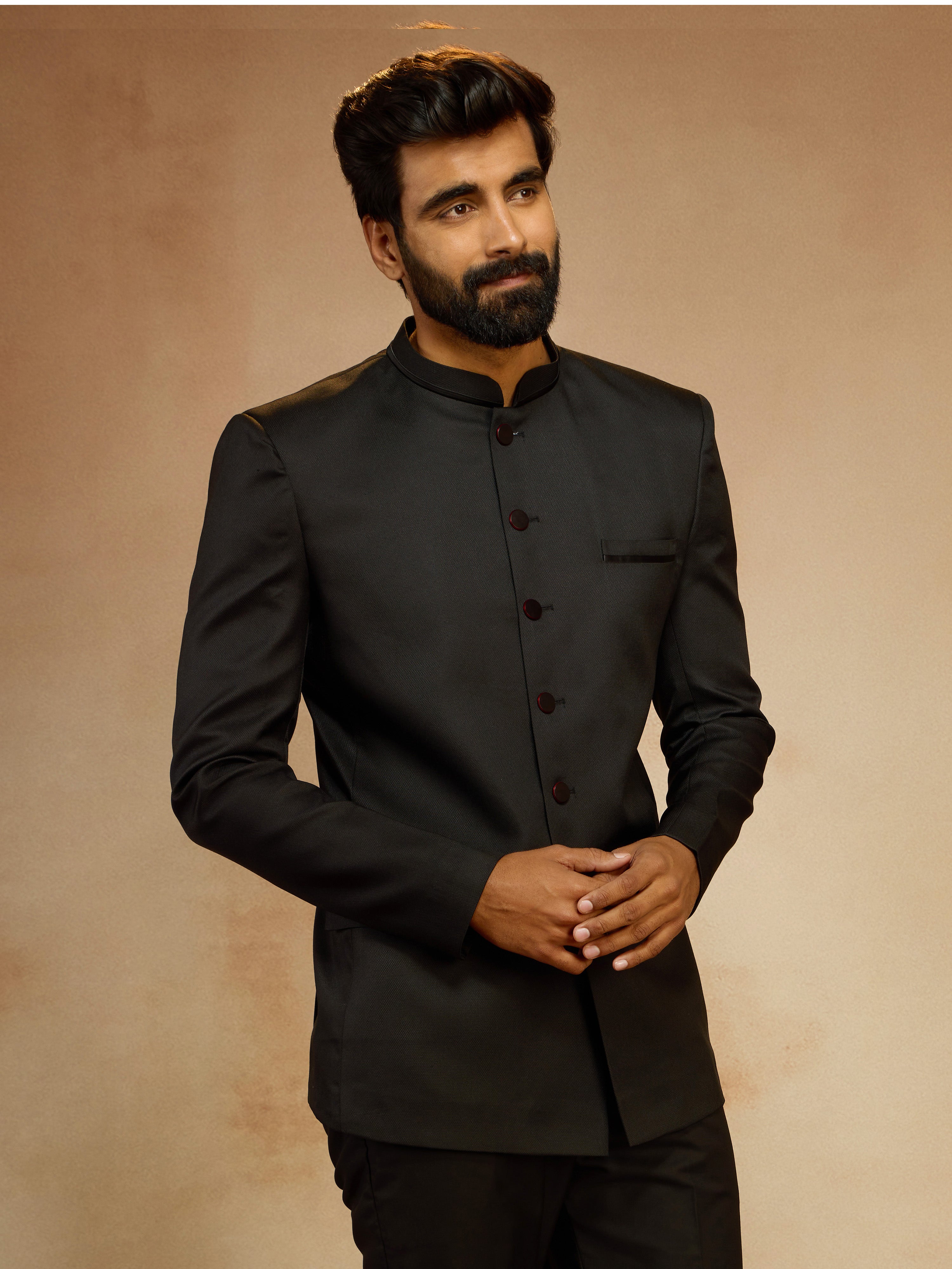 Men's Black Jute Solid Slim Fit Full Sleeve Jodhpuri
