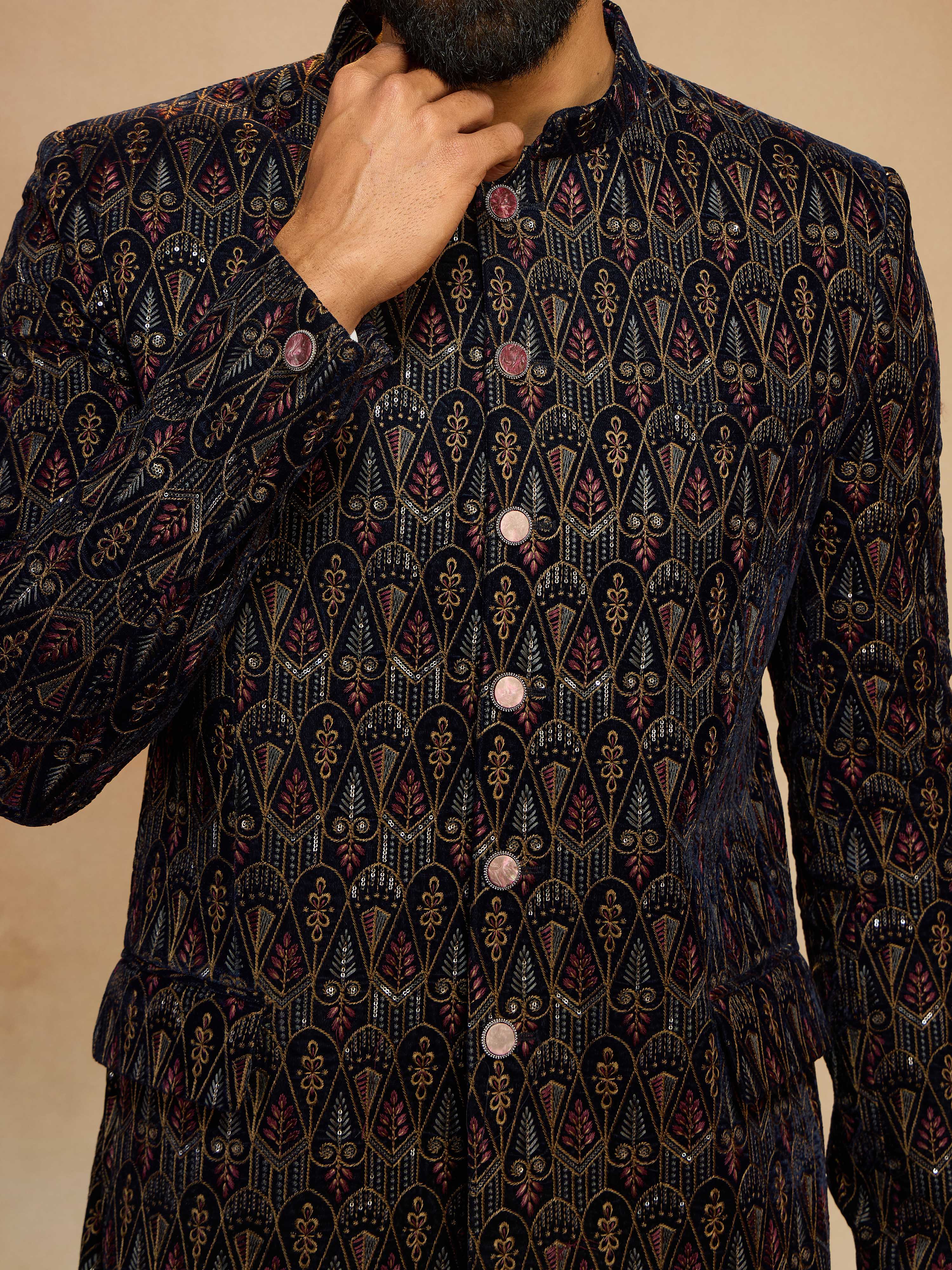 Men's Navy Blue Velvet Sequin Embroidered Jodhpuri