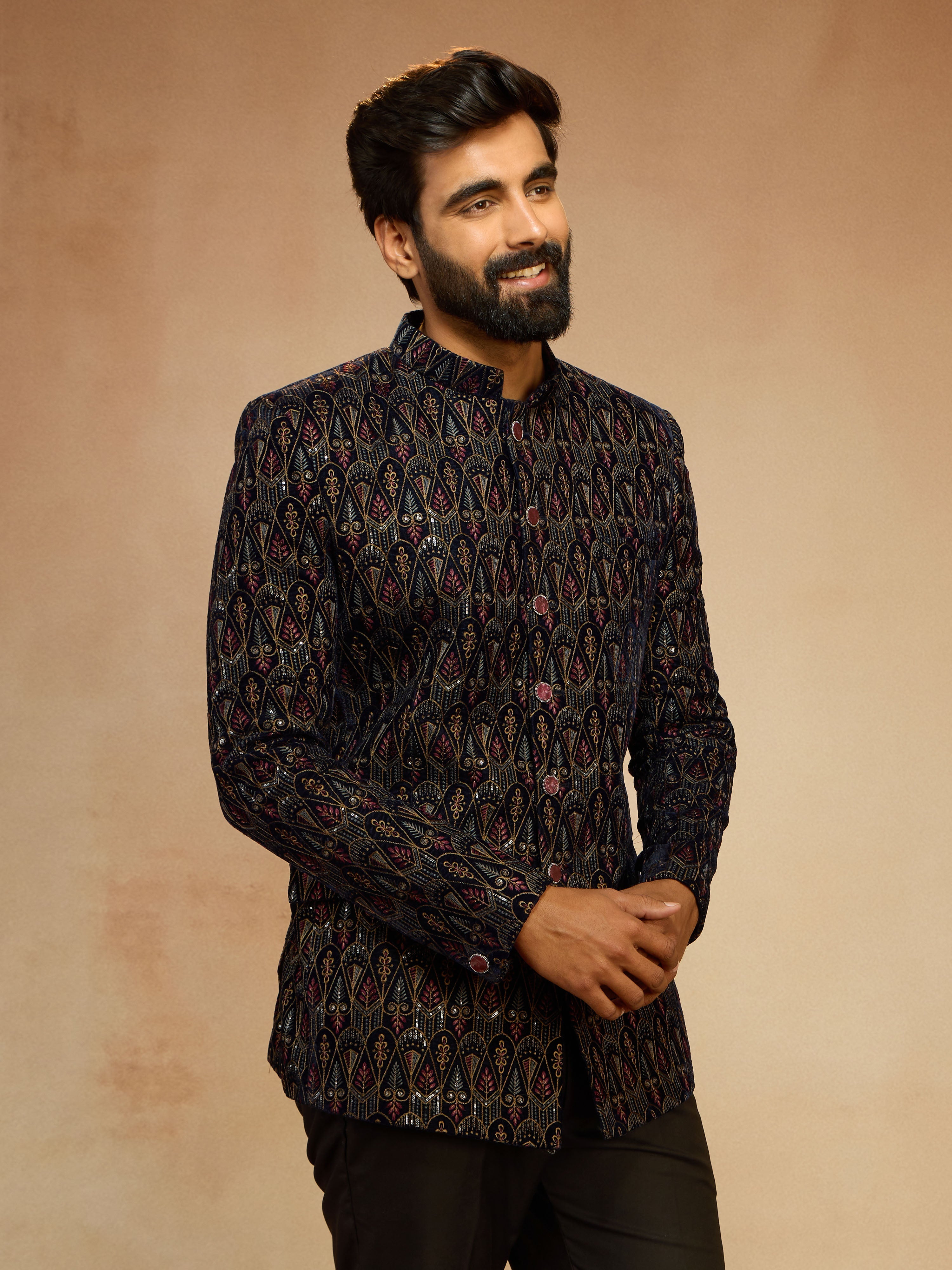 Men's Navy Blue Velvet Sequin Embroidered Jodhpuri