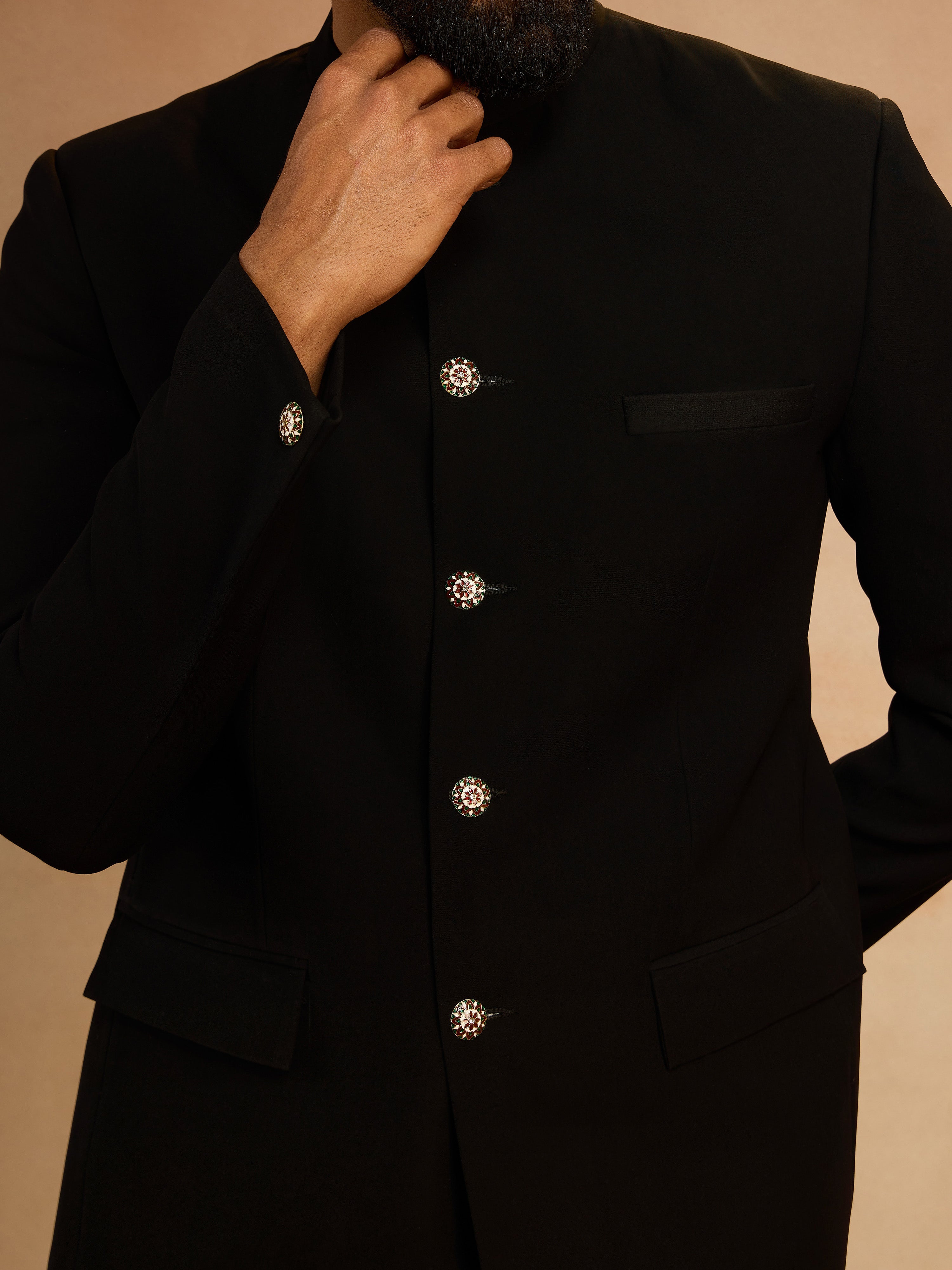 Men's Black Solid Imported Suiting Jodhpuri Suit