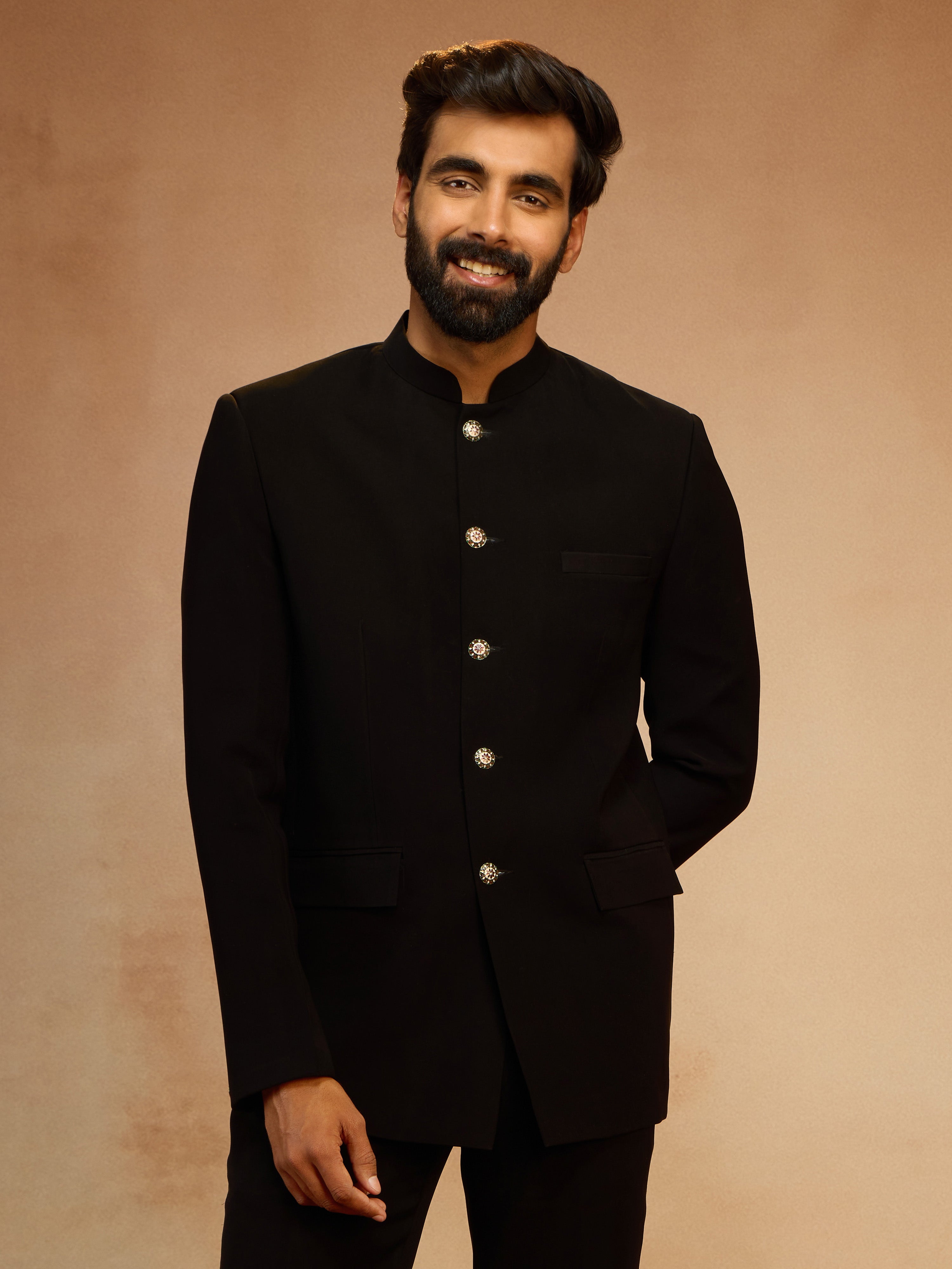Men's Black Solid Imported Suiting Jodhpuri Suit