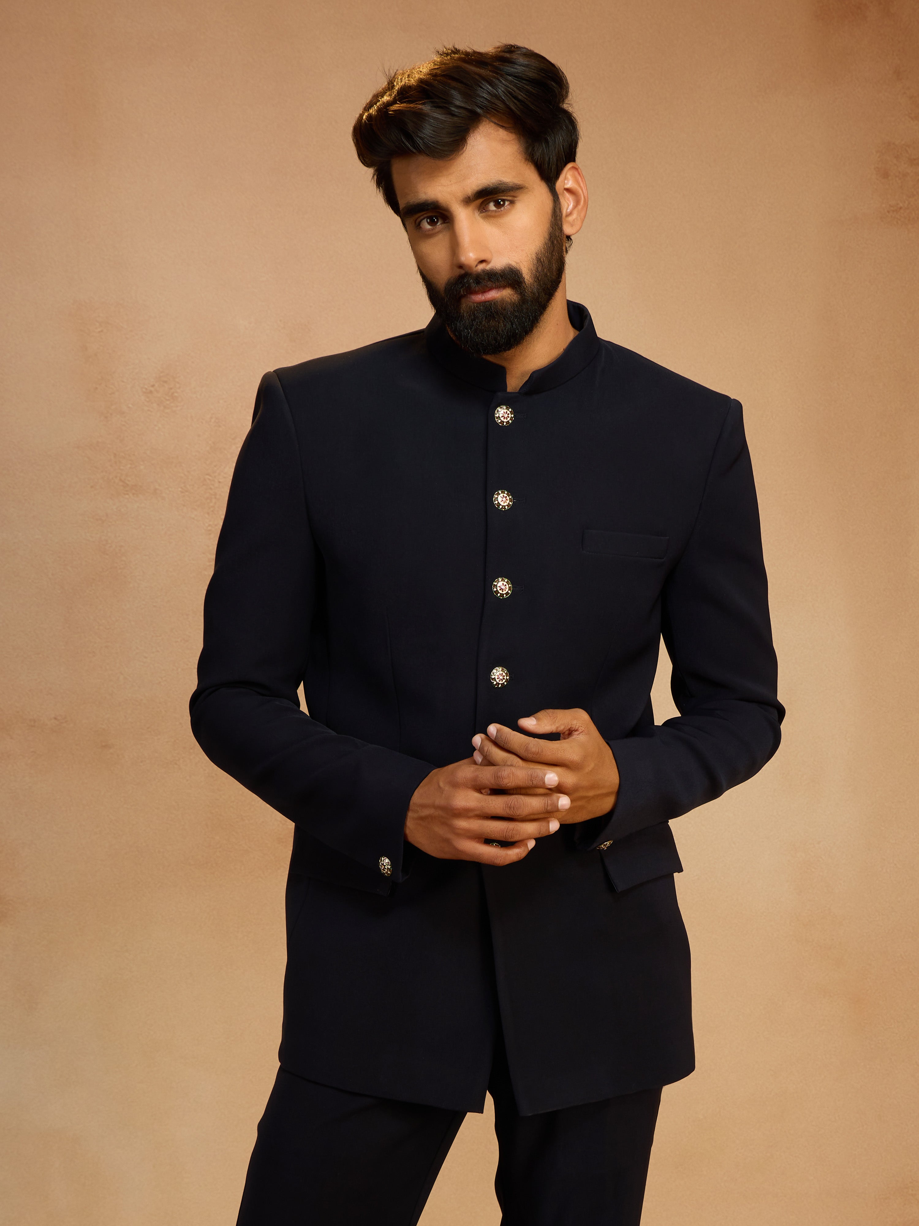 Men's Navy Blue Solid Imported Suiting Jodhpuri Suit