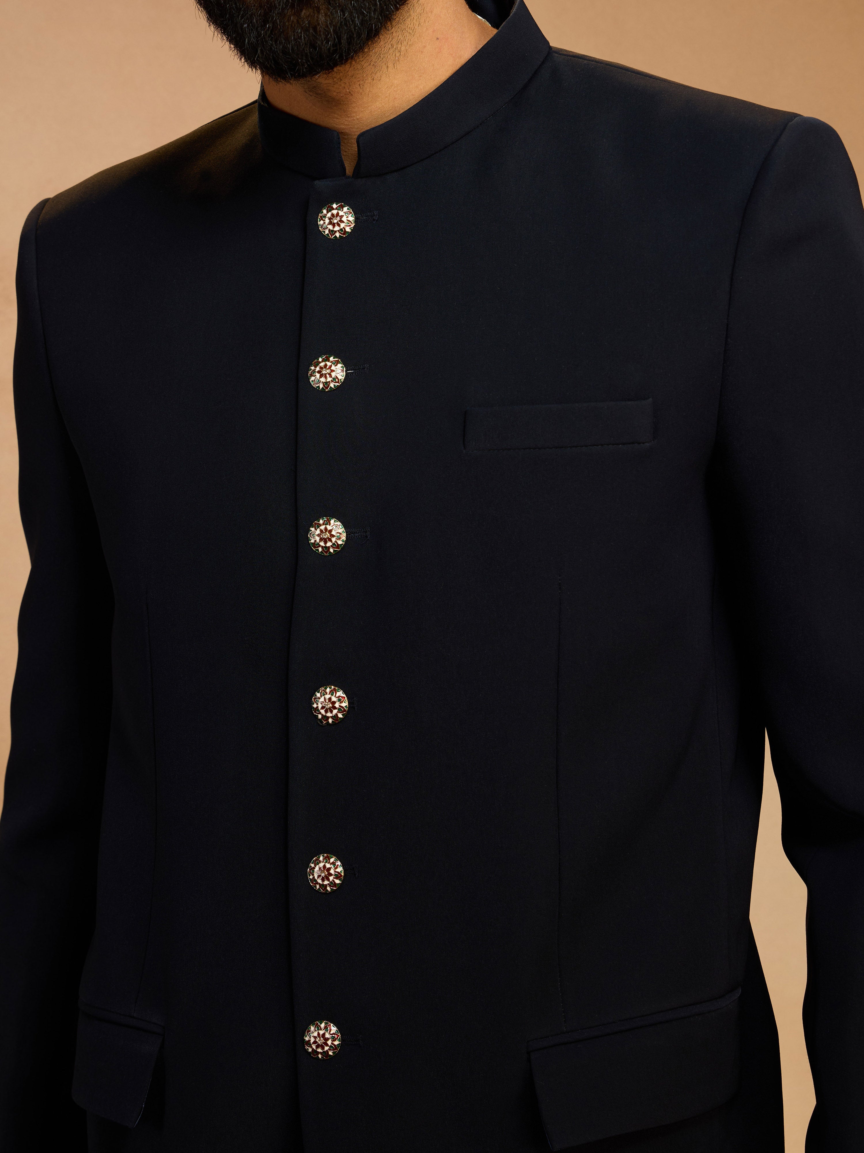Men's Navy Blue Solid Imported Suiting Jodhpuri Suit
