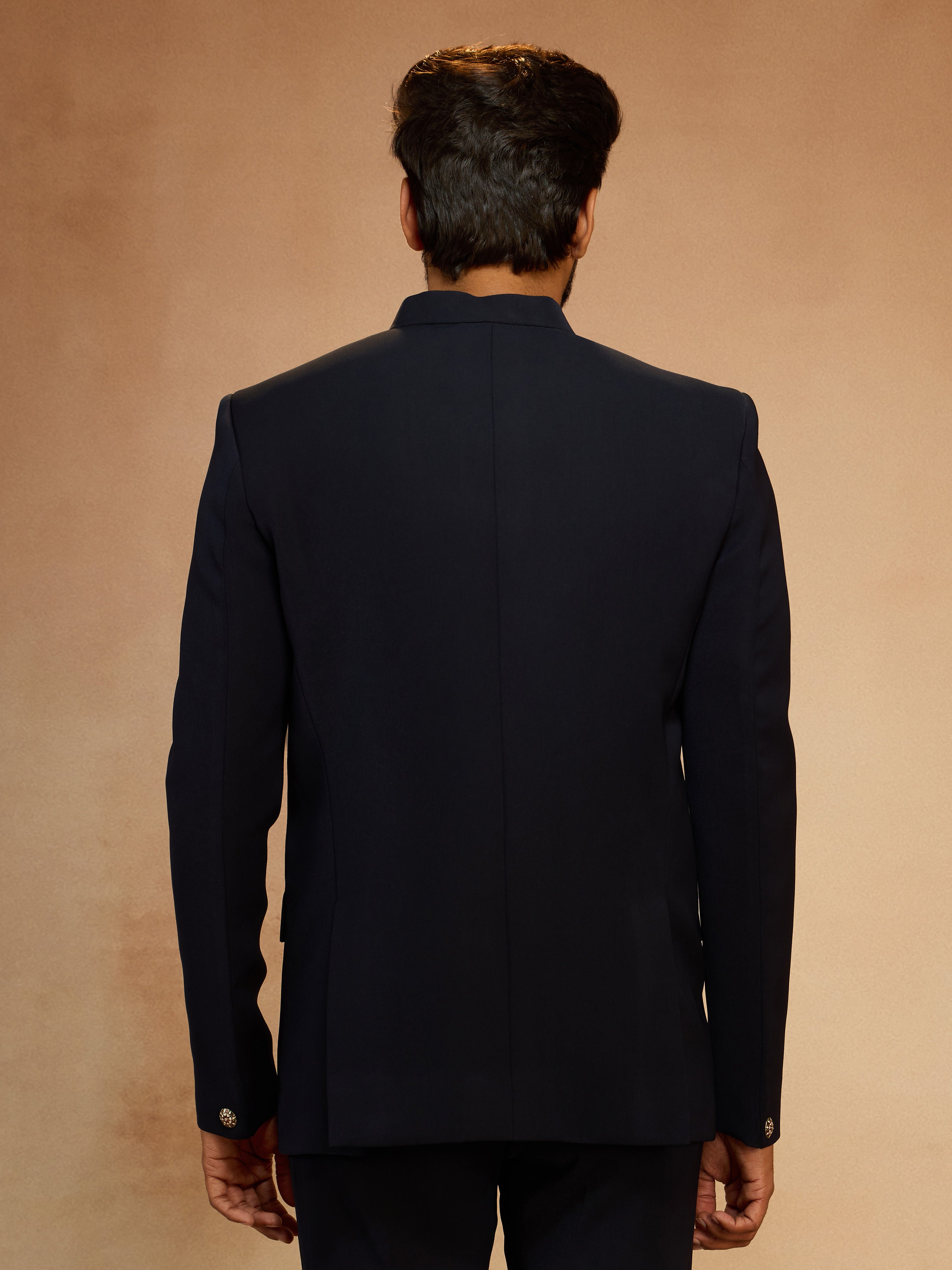 Men's Navy Blue Solid Imported Suiting Jodhpuri Suit