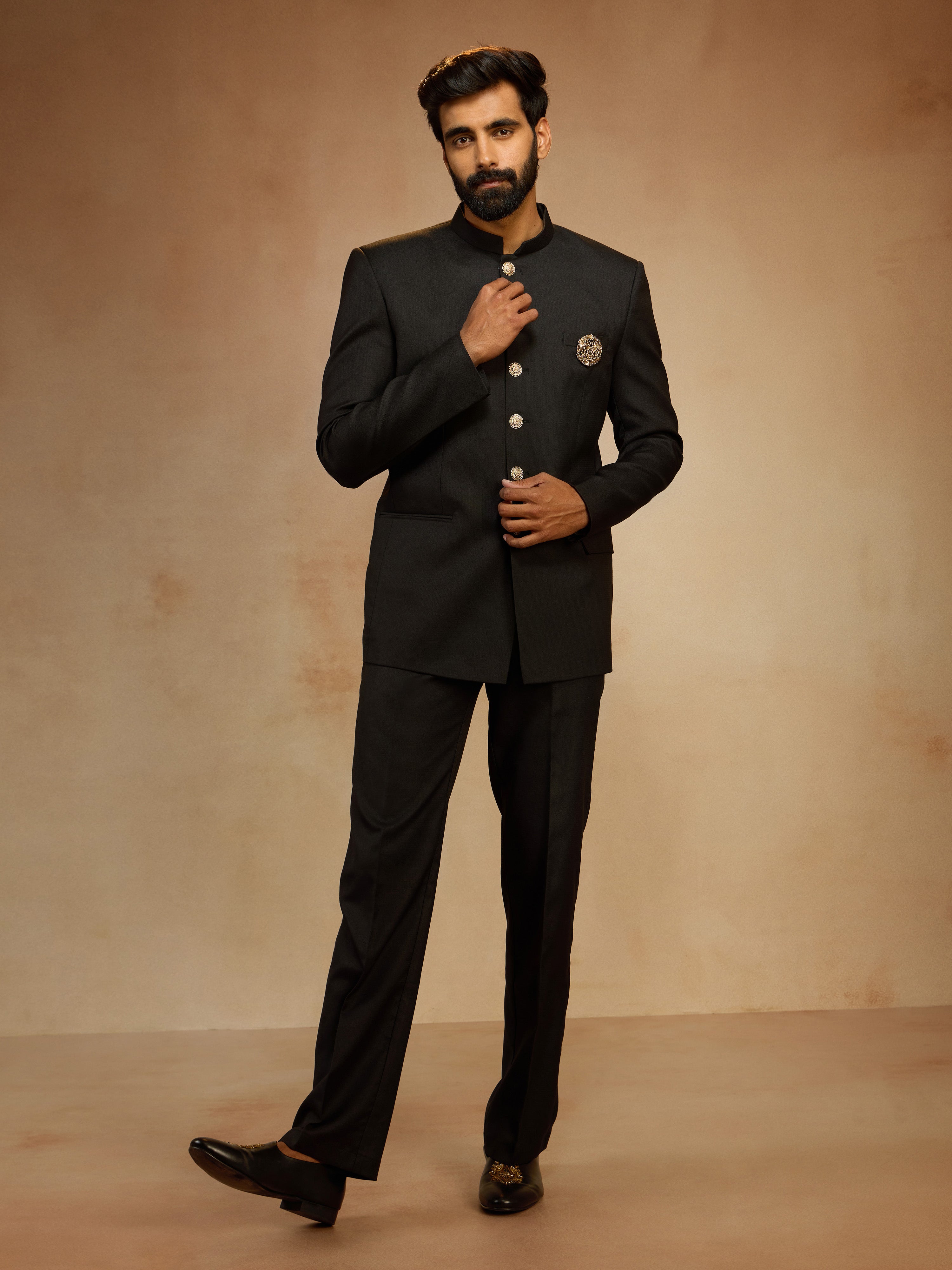 Men's Black Solid Jodhpuri Suit with Brooch Detail in Imported Suiting Lycra