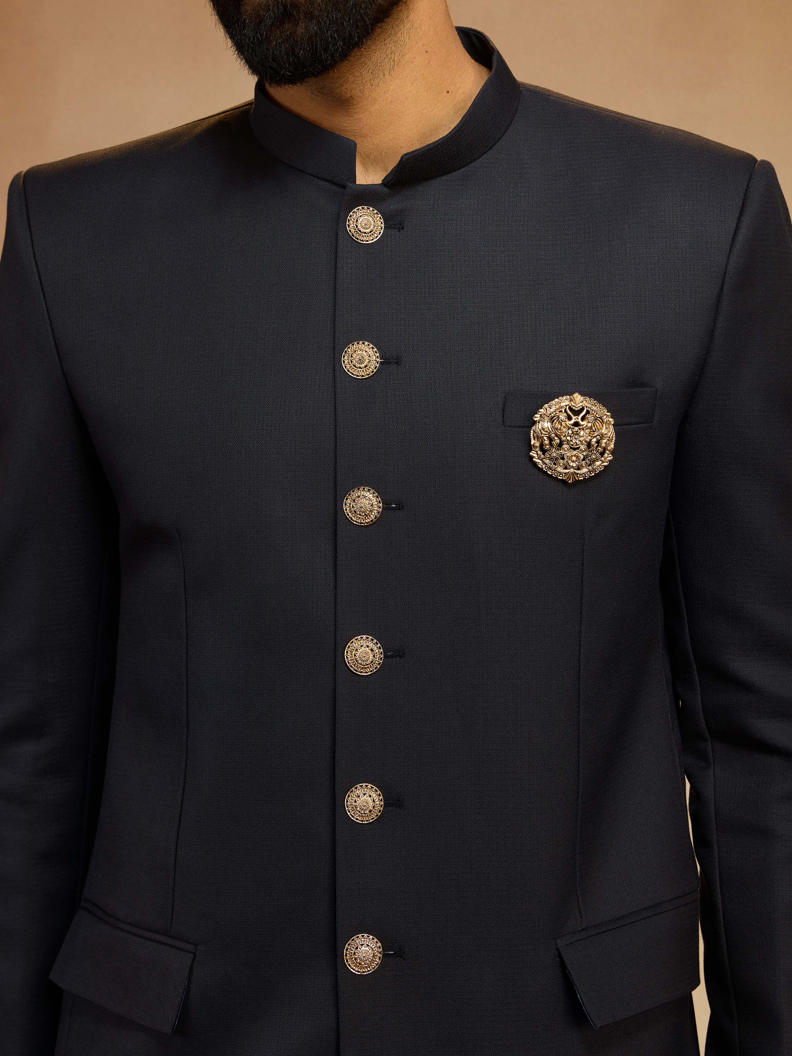 Men's Navy Blue Solid Jodhpuri Suit with Brooch Detail in Imported Suiting Lycra