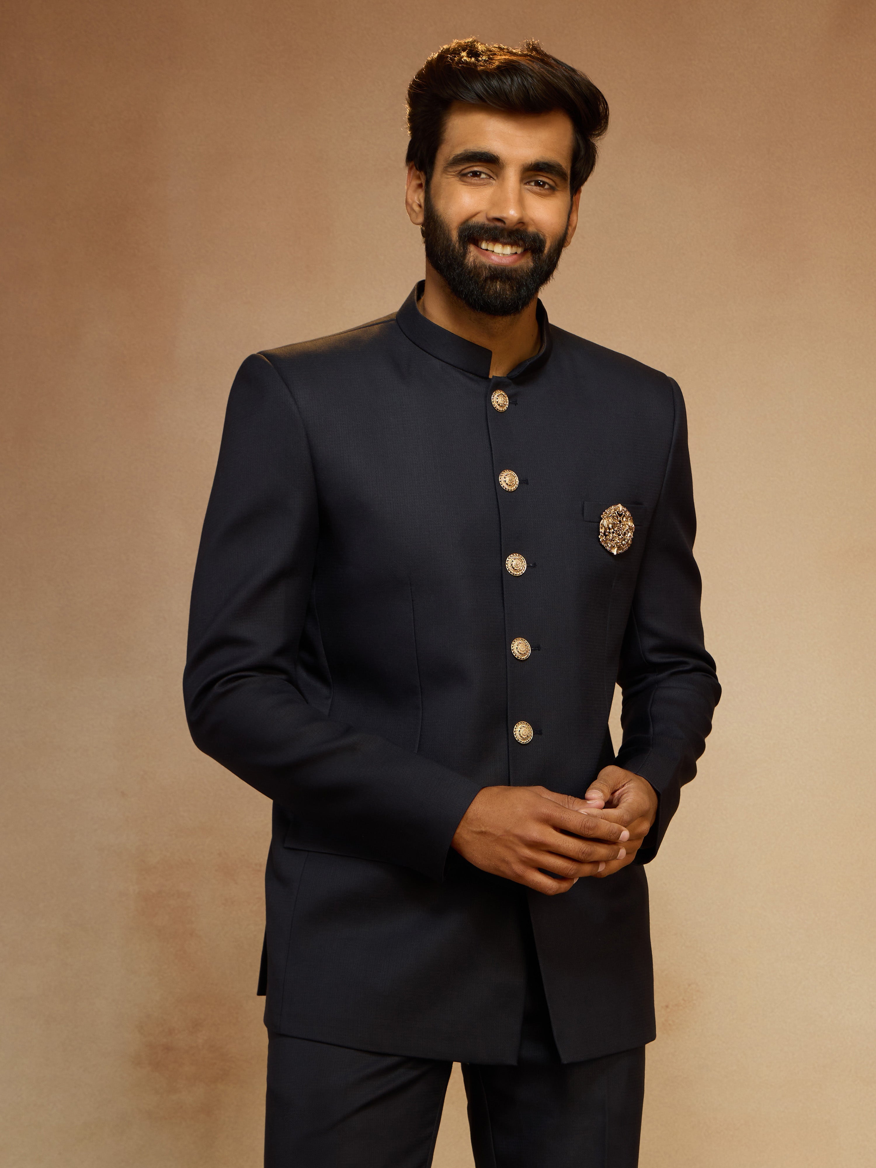 Men's Navy Blue Solid Jodhpuri Suit with Brooch Detail in Imported Suiting Lycra