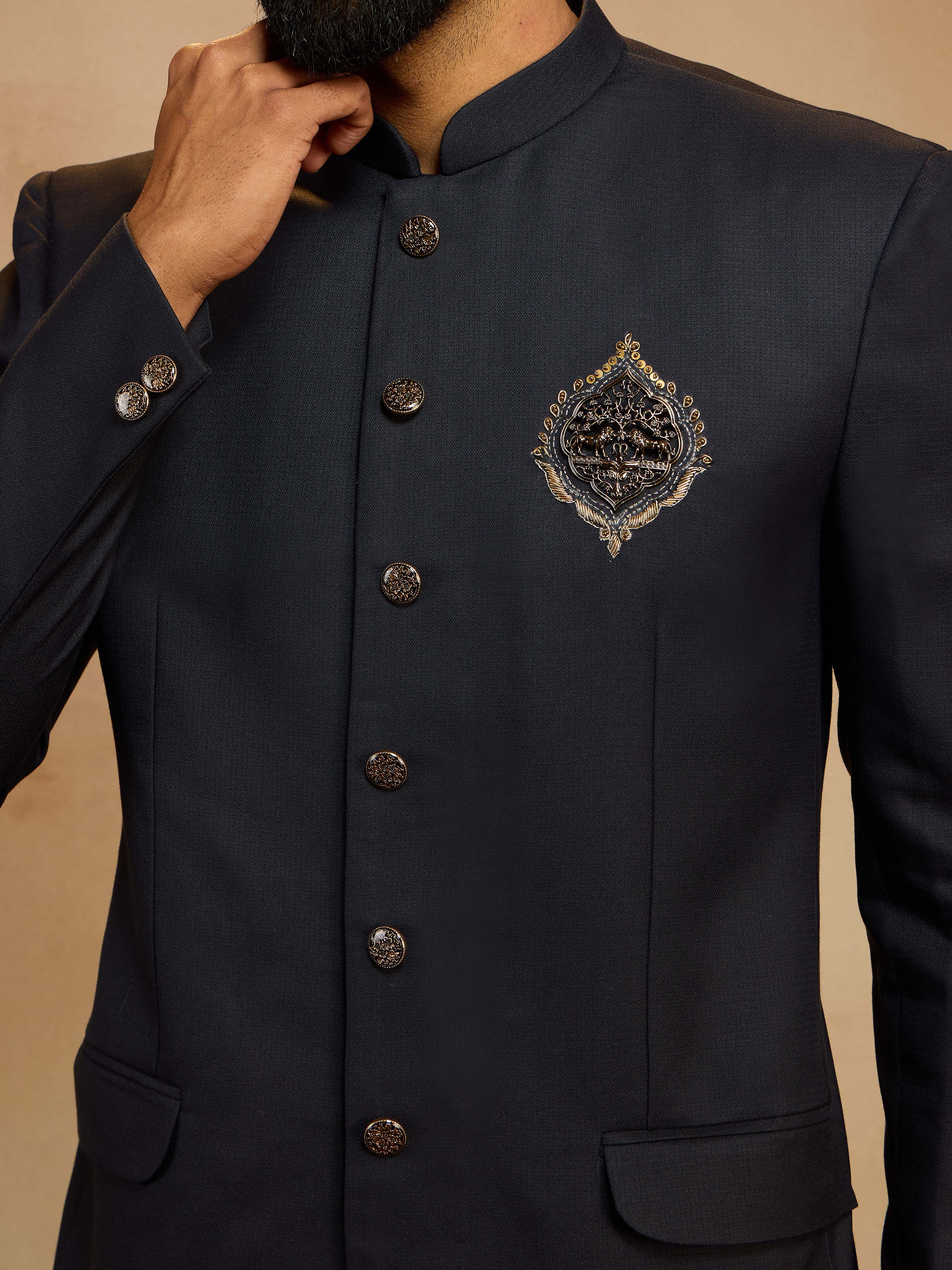 Men's Navy Blue Zardozi Sequin Embroidered Imported Suiting Lycra Jodhpuri