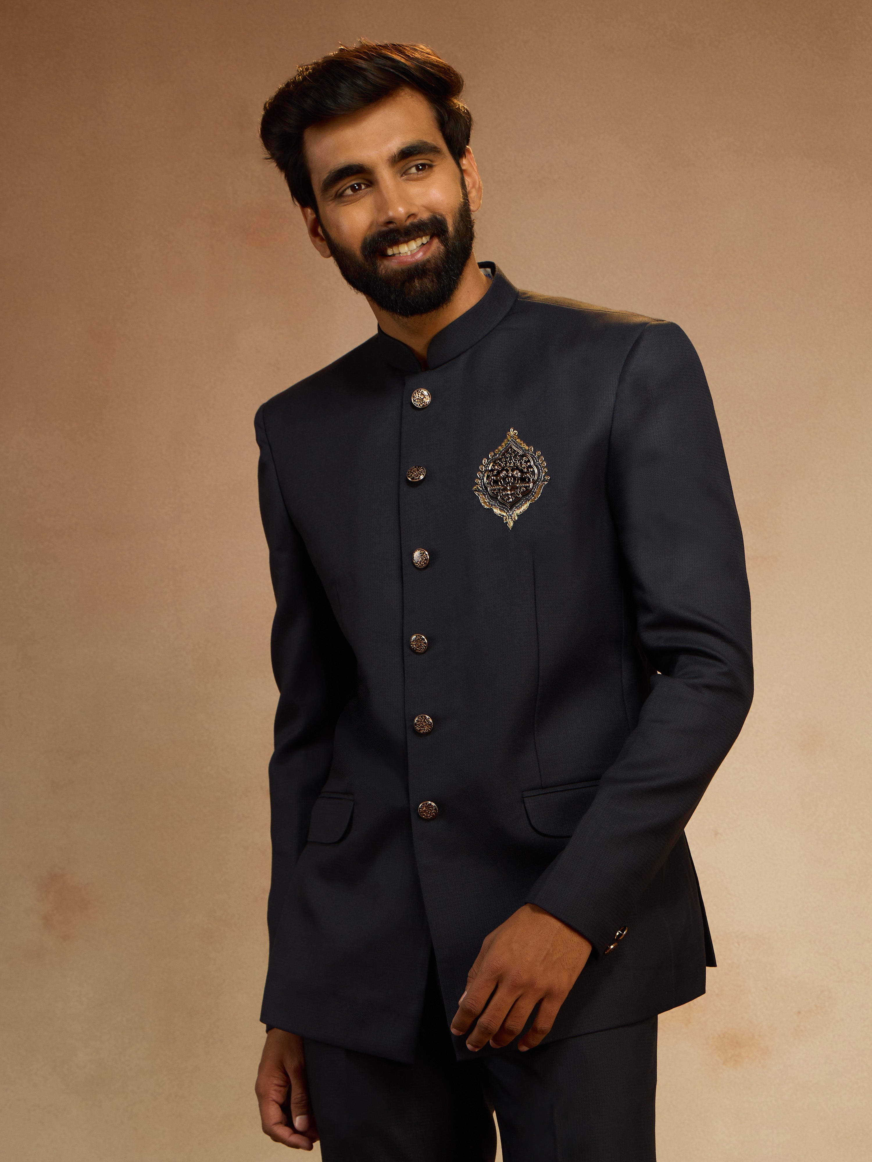 Men's Navy Blue Zardozi Sequin Embroidered Imported Suiting Lycra Jodhpuri