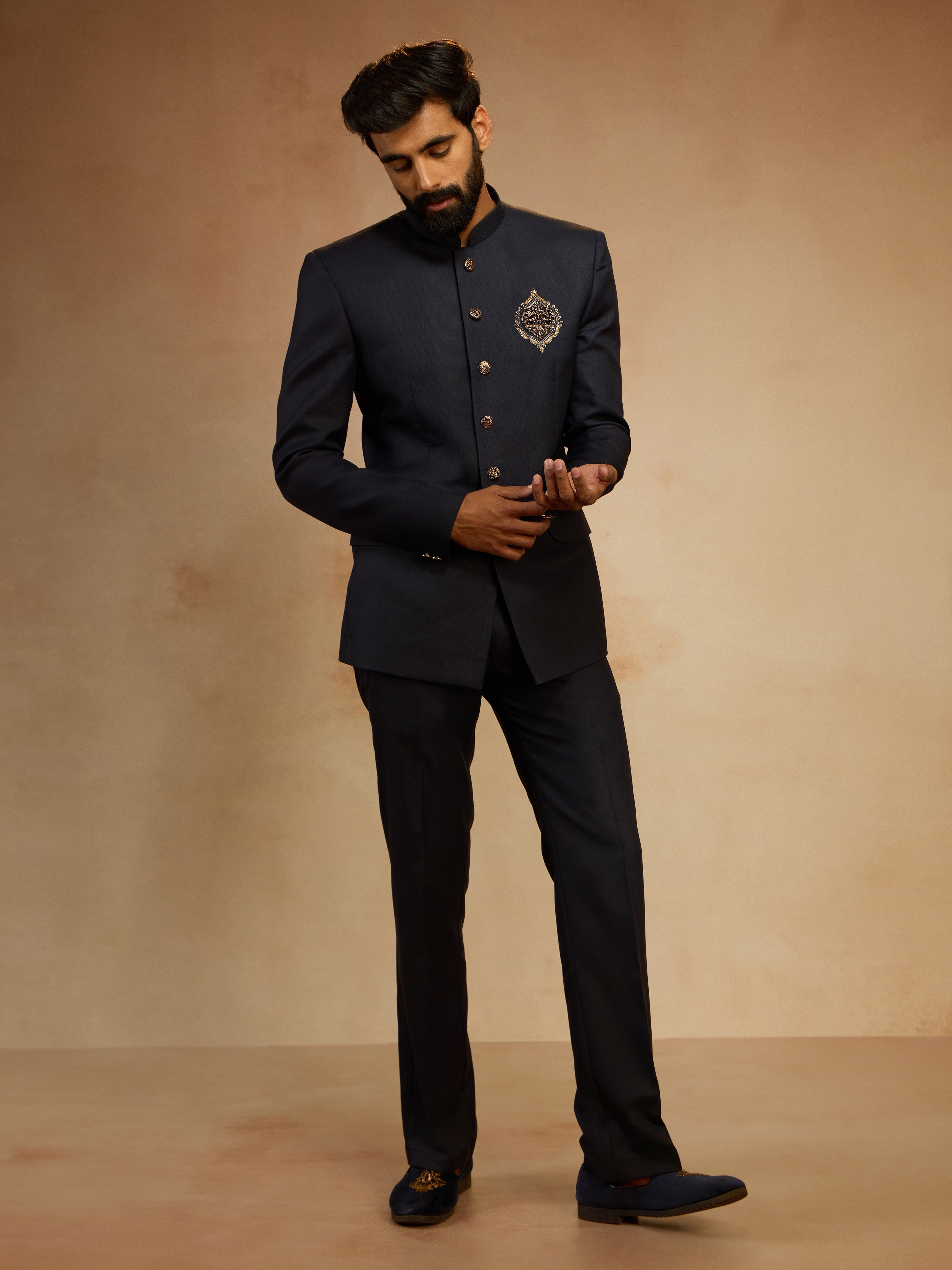 Men's Navy Blue Zardozi Sequin Embroidered Imported Suiting Lycra Jodhpuri
