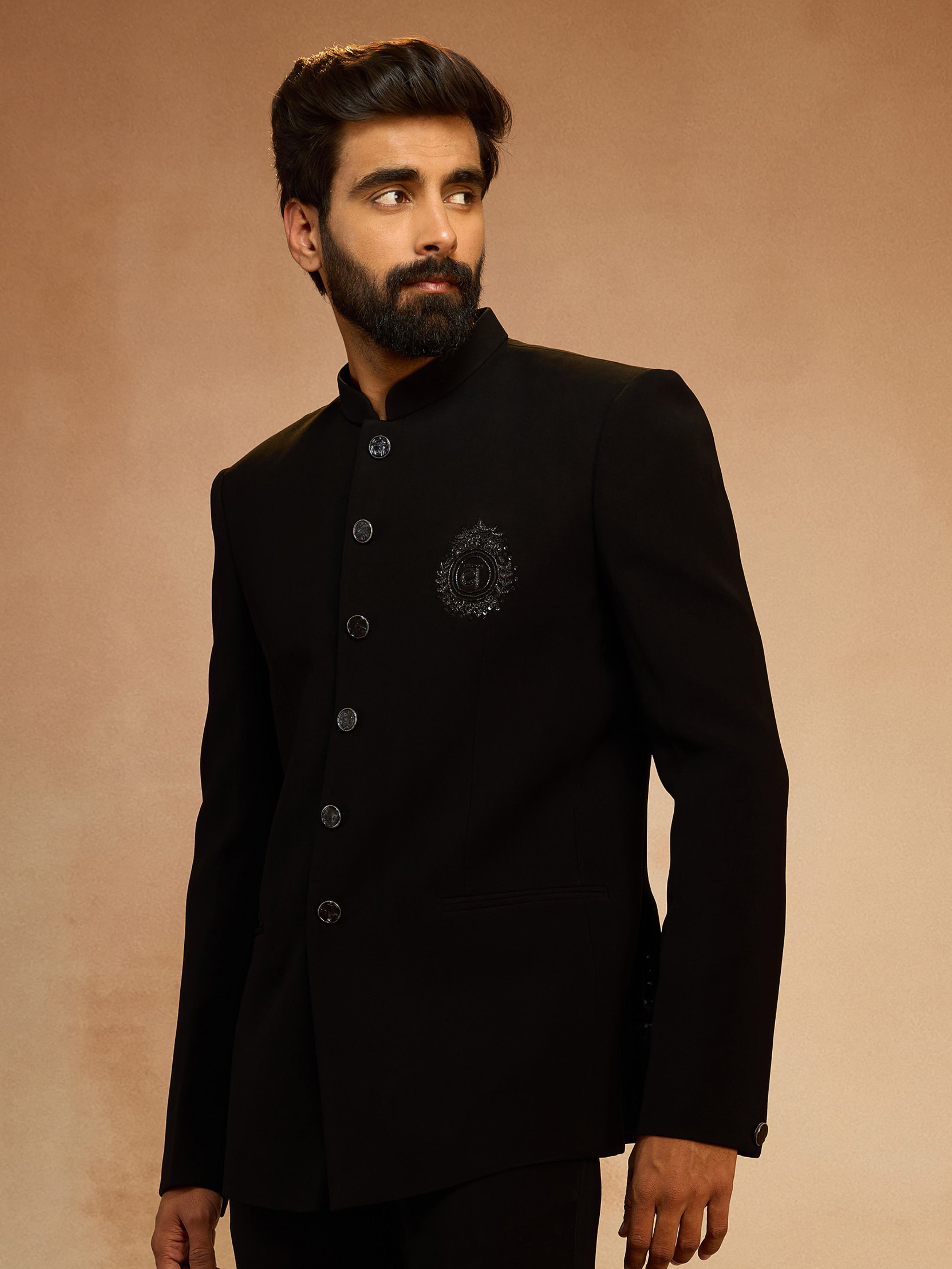Men's Black Silk Bead Embroidered Ethnic Motif Full Sleeve Jodhpuri Jacket