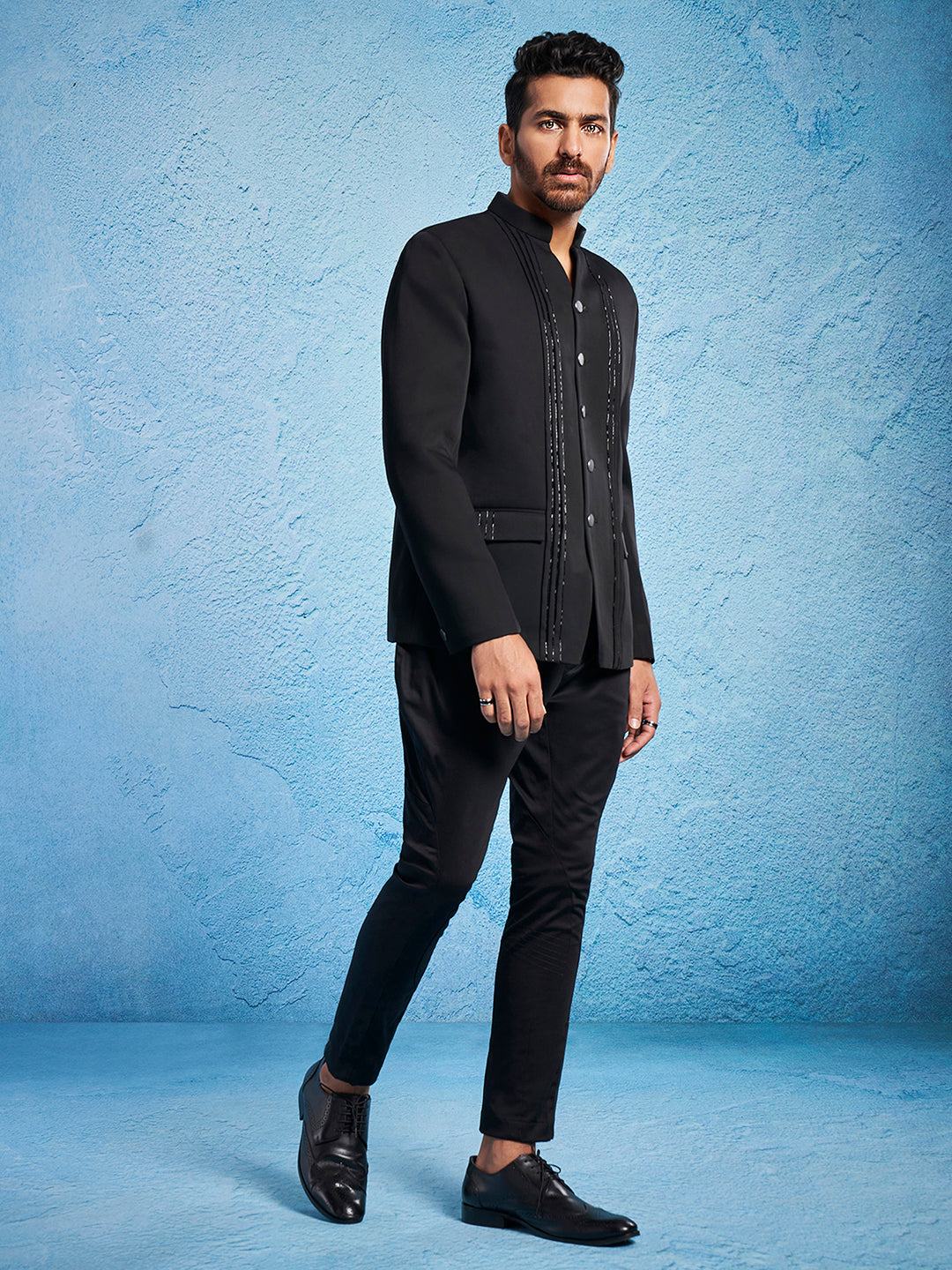 Men's Black Imported Suiting Jodhpuri And Pant Set