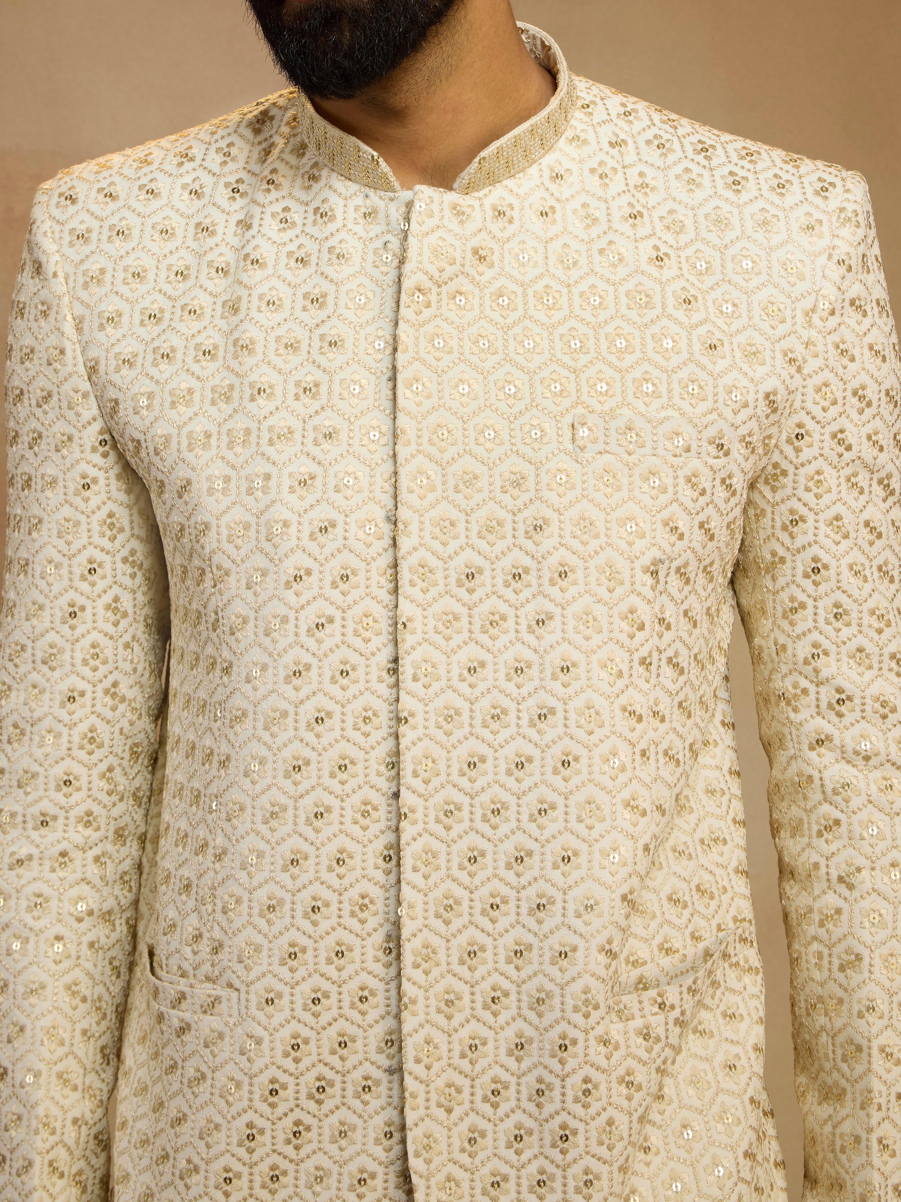 Men's Off White Sequin Embroidered Jodhpuri Jacket