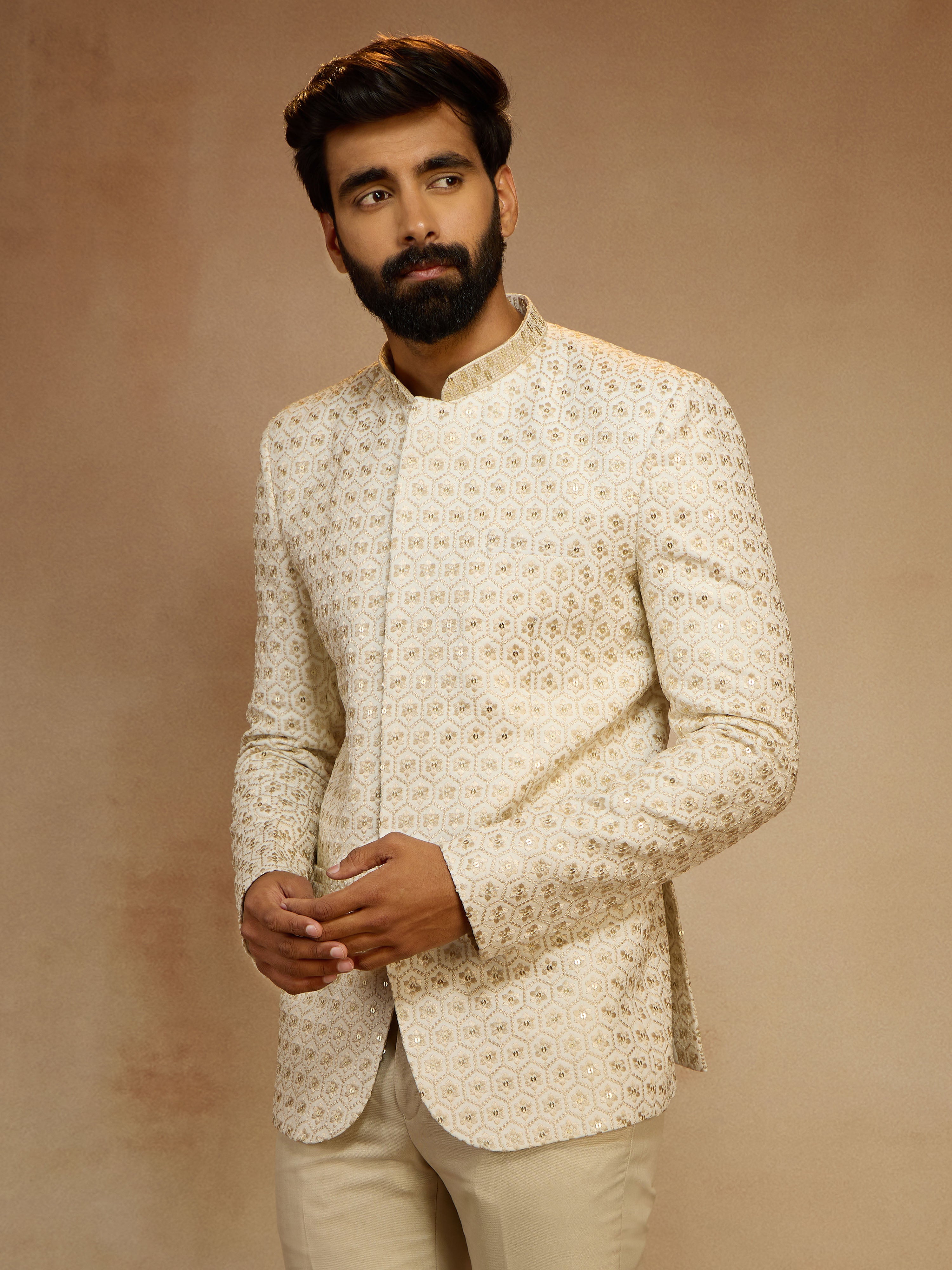 Men's Off White Sequin Embroidered Jodhpuri Jacket