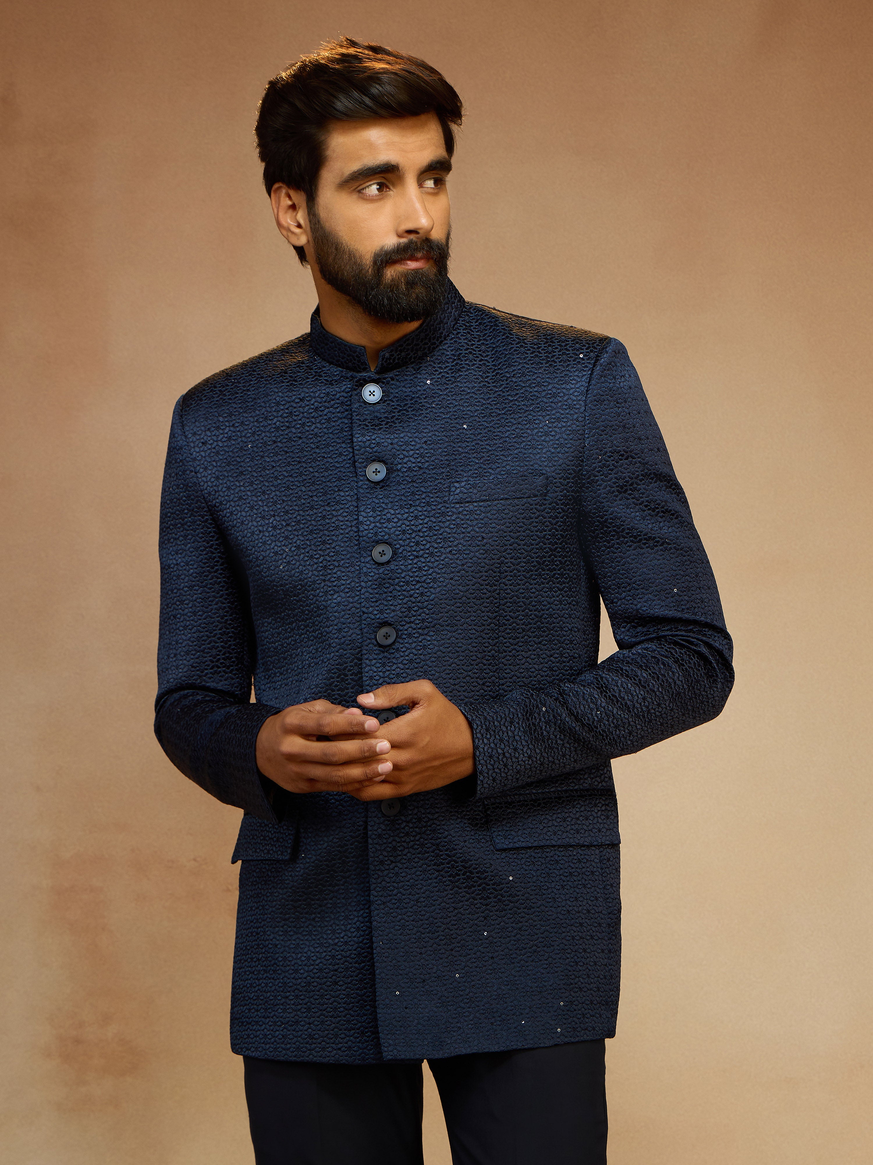 Men's Navy Blue Self-Texture Sequin Embroidery Jodhpuri